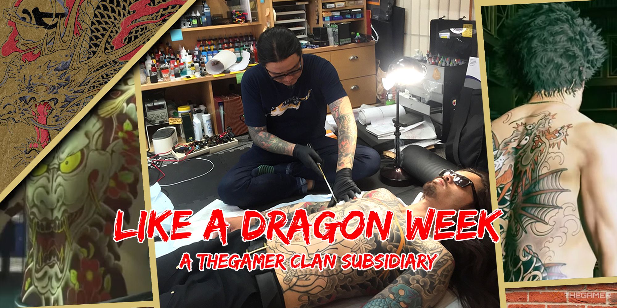 Horitomo tattooing a client with in-game images of the character tattoos beside it and the Like a Dragon Week text overlaid on top.