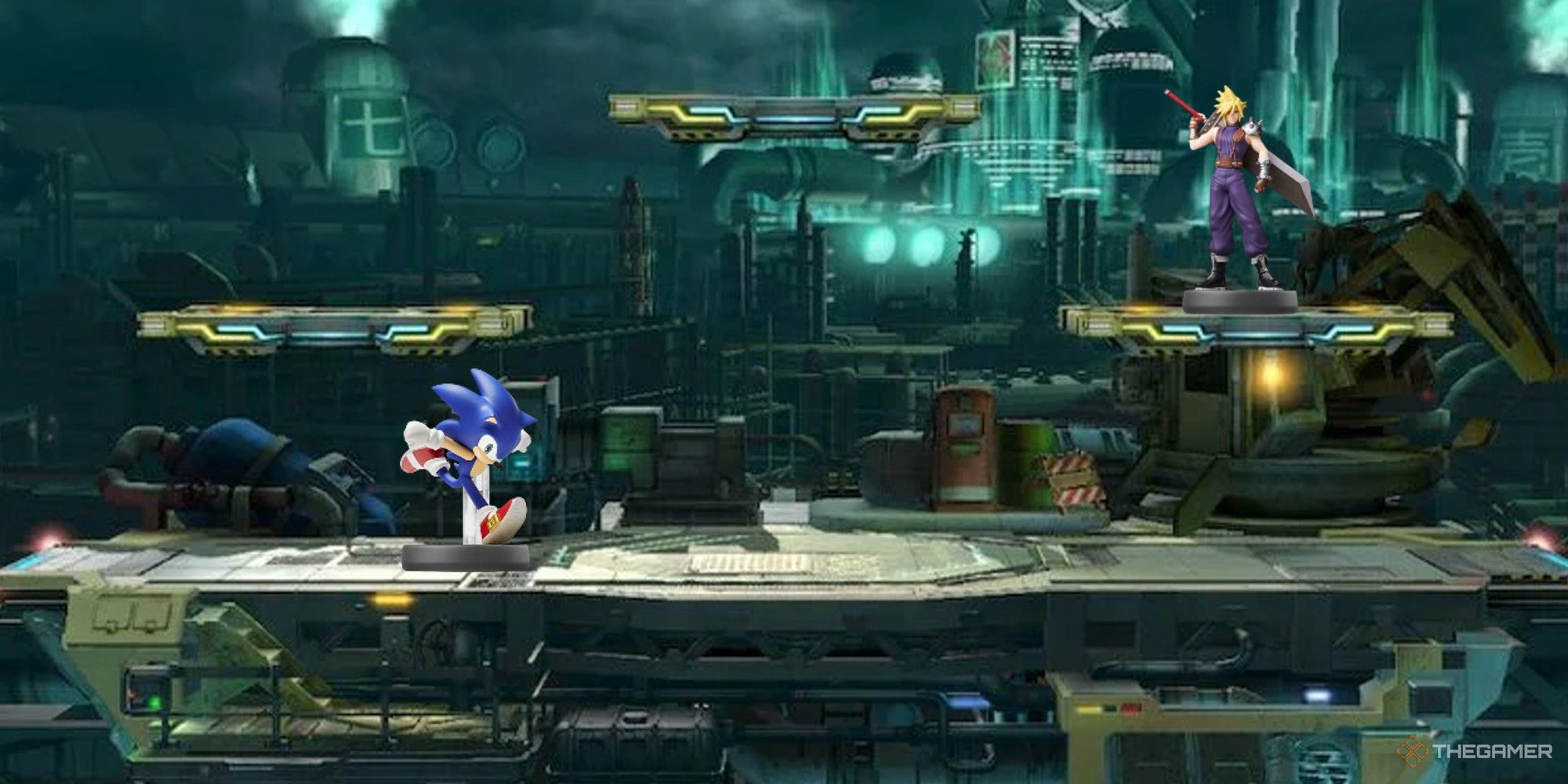 sonic and cloud amiibo on the midgar smash ultimate stage