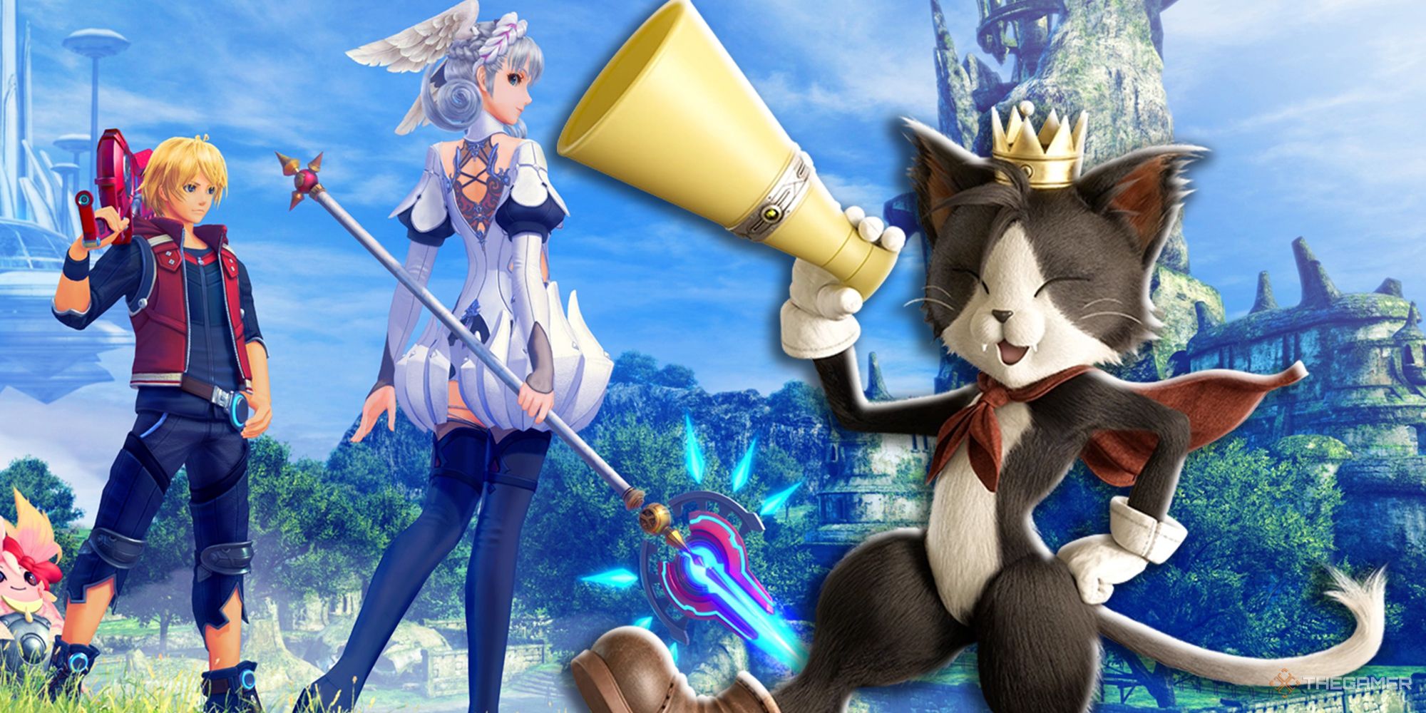 Cait Sith from Final Fantasy 7 Rebirth overlaid on Shulk and Melia in Xenoblade Chronicles
