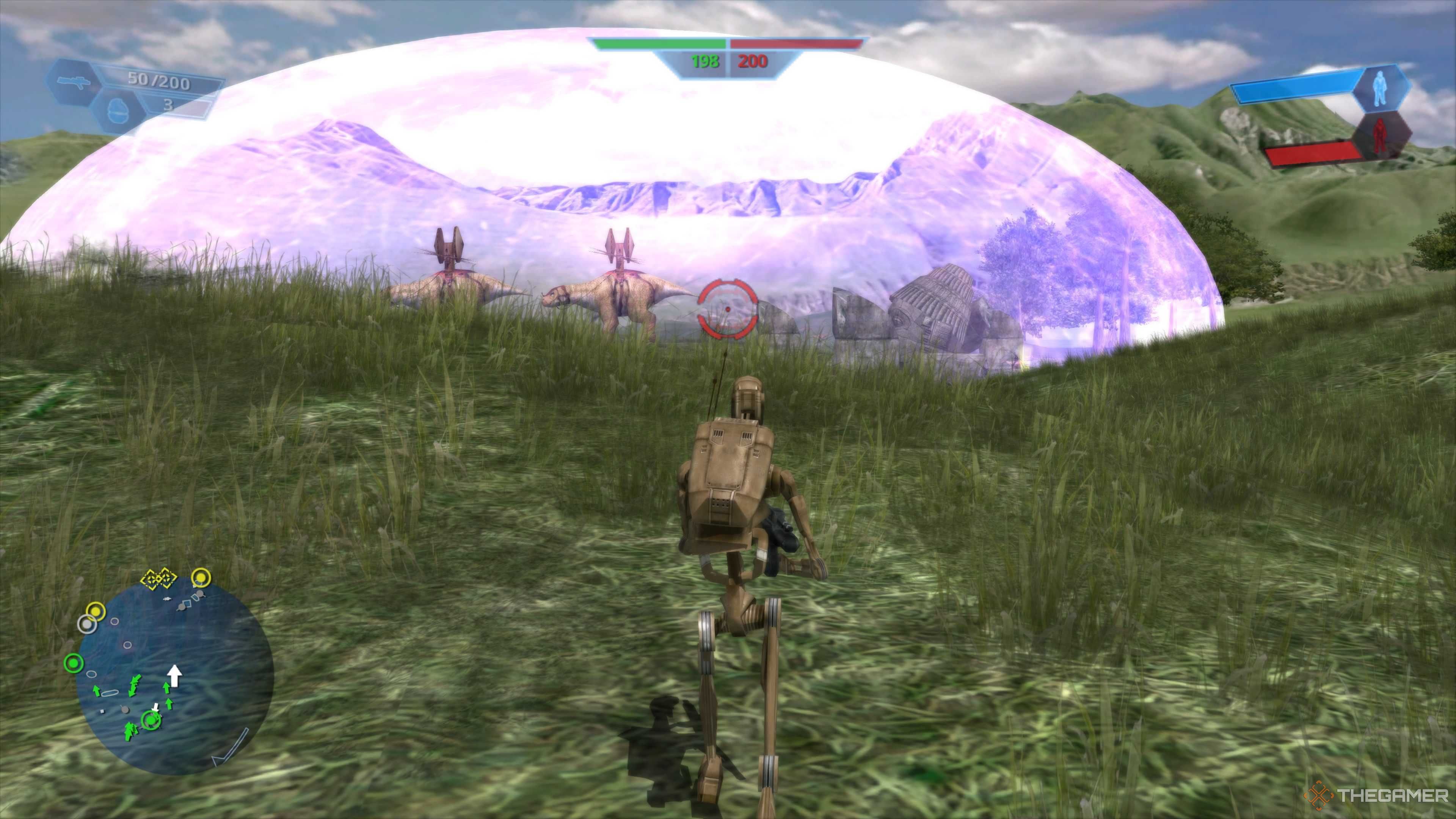 Star Wars Battlefront droid running towards the giant purple forcefield in the plains of Naboo, fighting Gungans