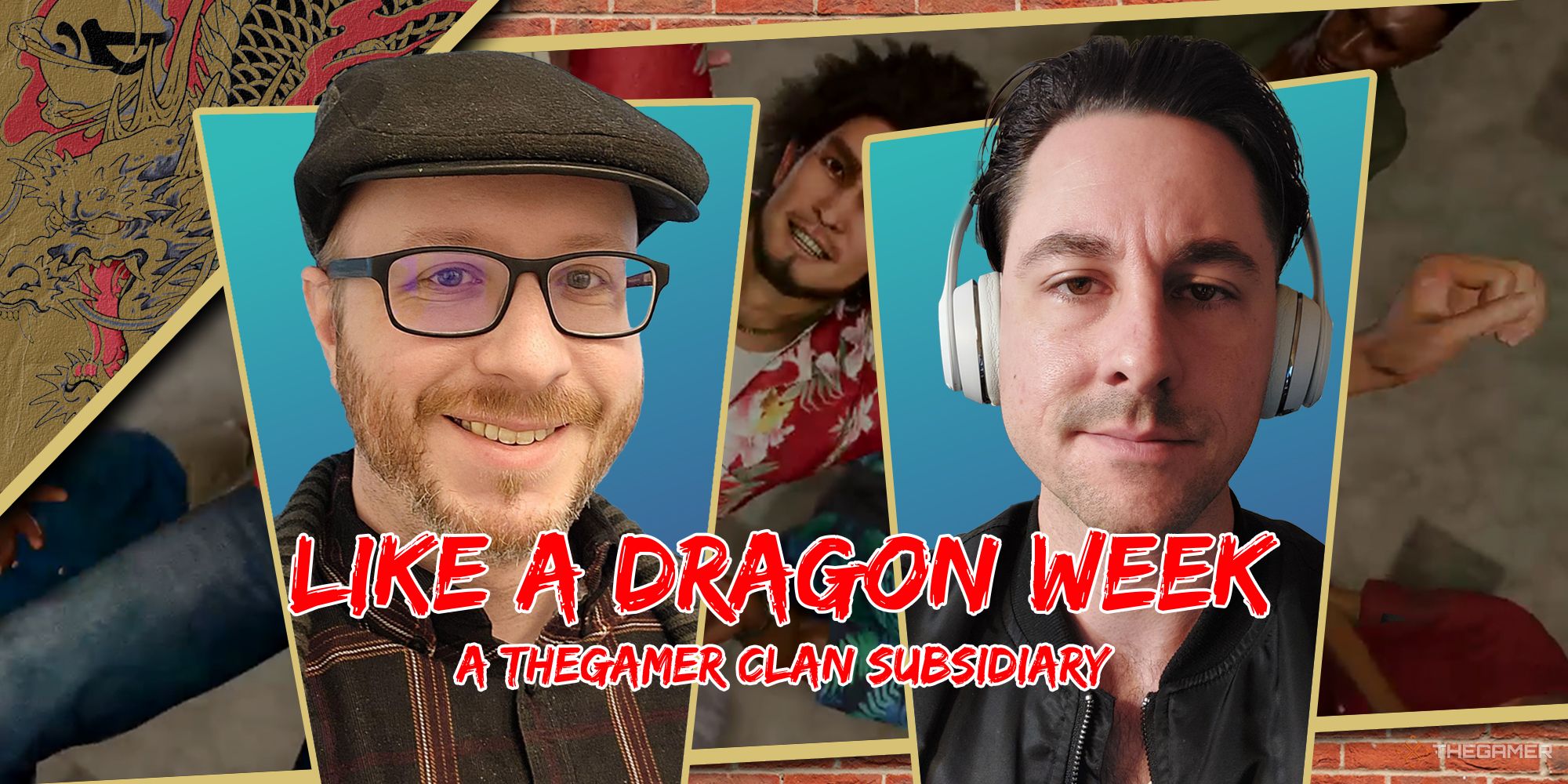 Sega lead editor Josh Malone and senior translator Dan Sunstrum against a background of Kasuga and the Like a Dragon Week text overlaid on top.