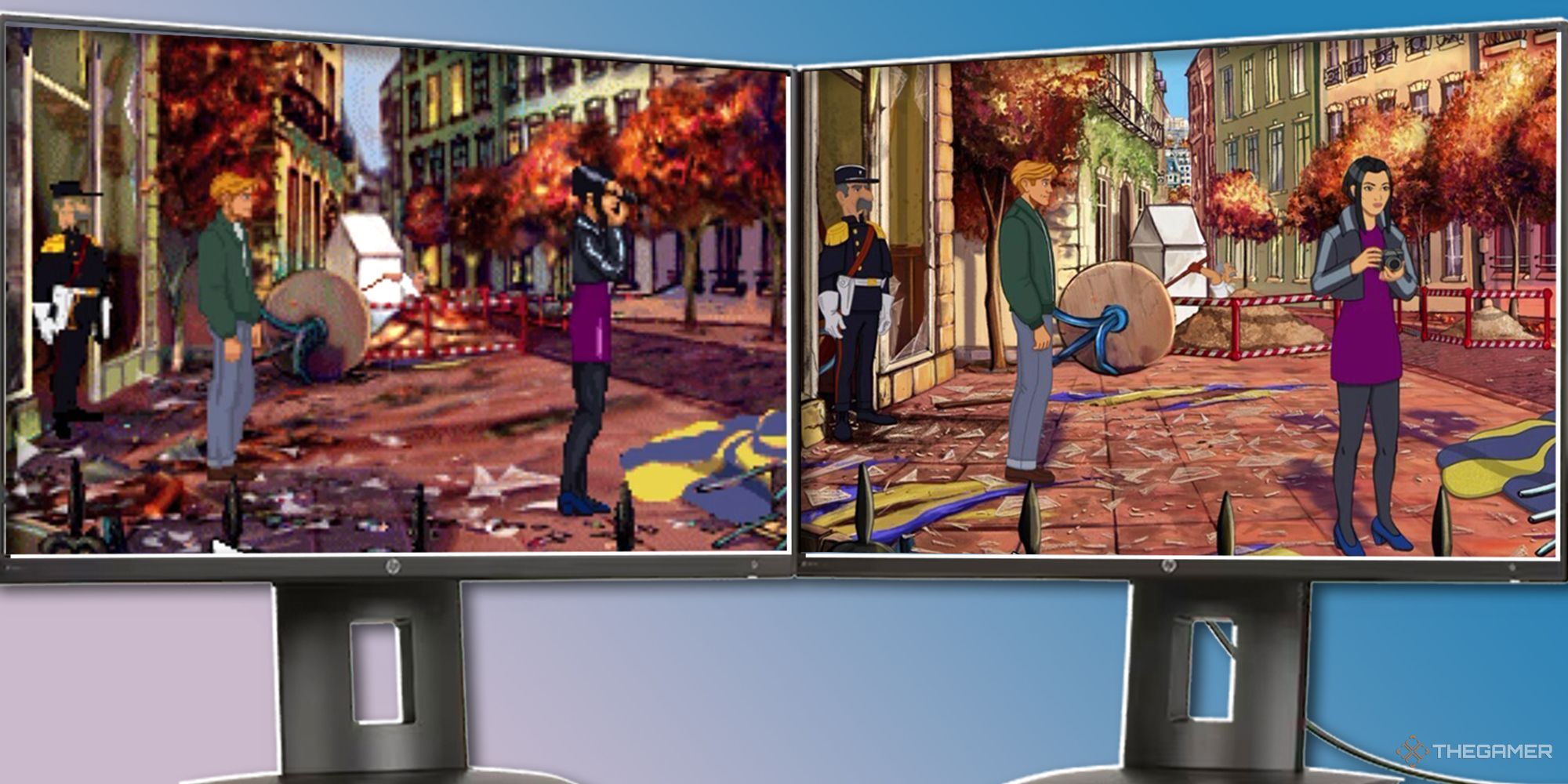 Broken Sword - Shadow of the Templars Reforged graphics comparison on two screens.