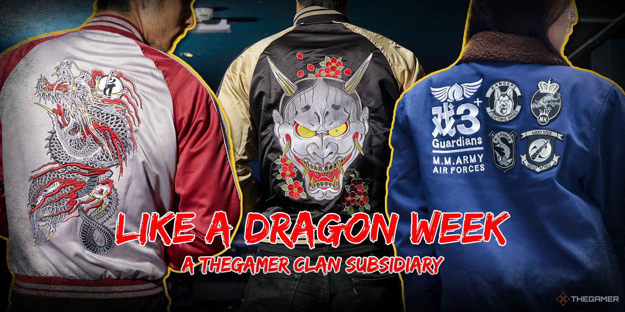 A collage of three of Insert Coin's Yakuza jackets with the Like a Dragon Week text across it.