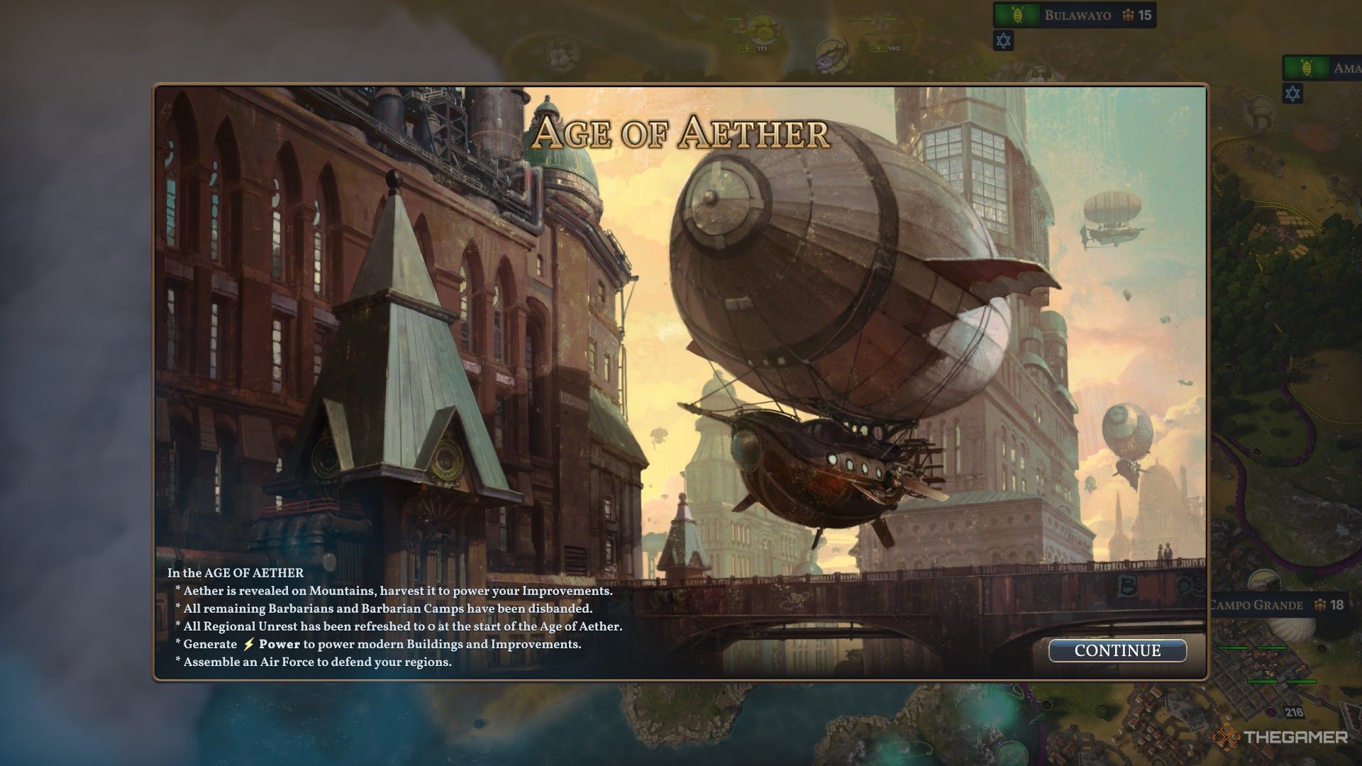 The intro screen for the Age of Aether, with a large zeppelin, in Millennia