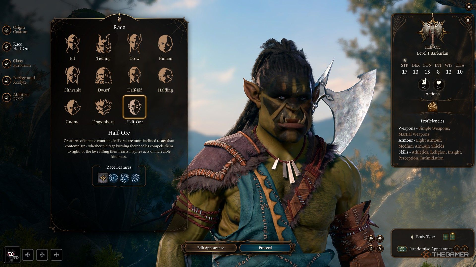 Player chooses to play as a male half-orc in Baldur&rsquo;s Gate 3.