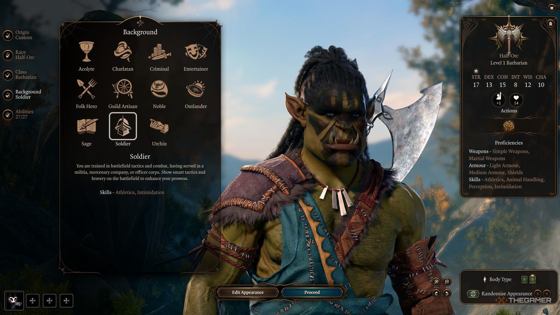 Player chooses Soldier background for half-orc character in Baldur&rsquo;s Gate 3.