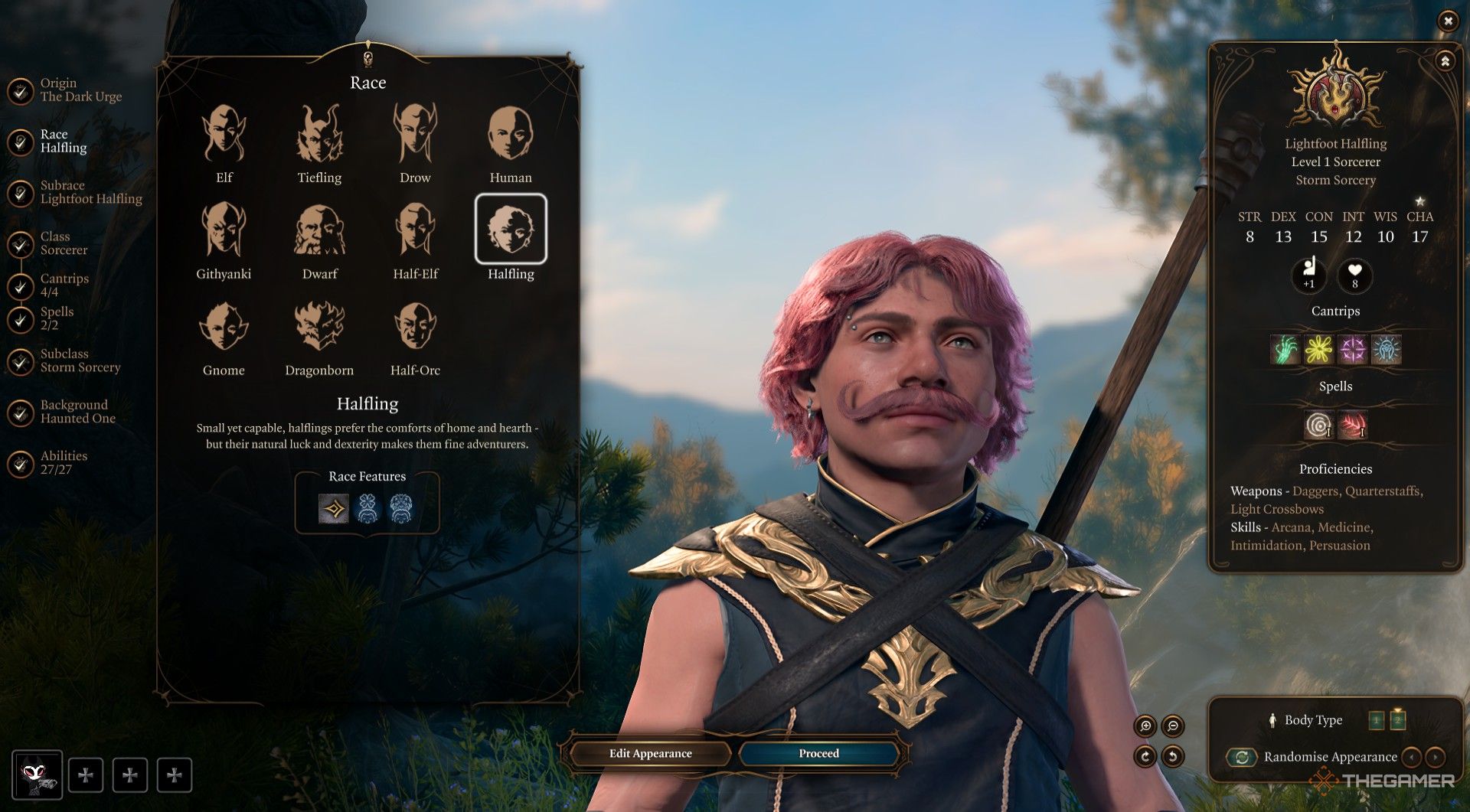 Dark Urge chooses to become a pink-haired, moustached halfling in Baldur&rsquo;s Gate 3.