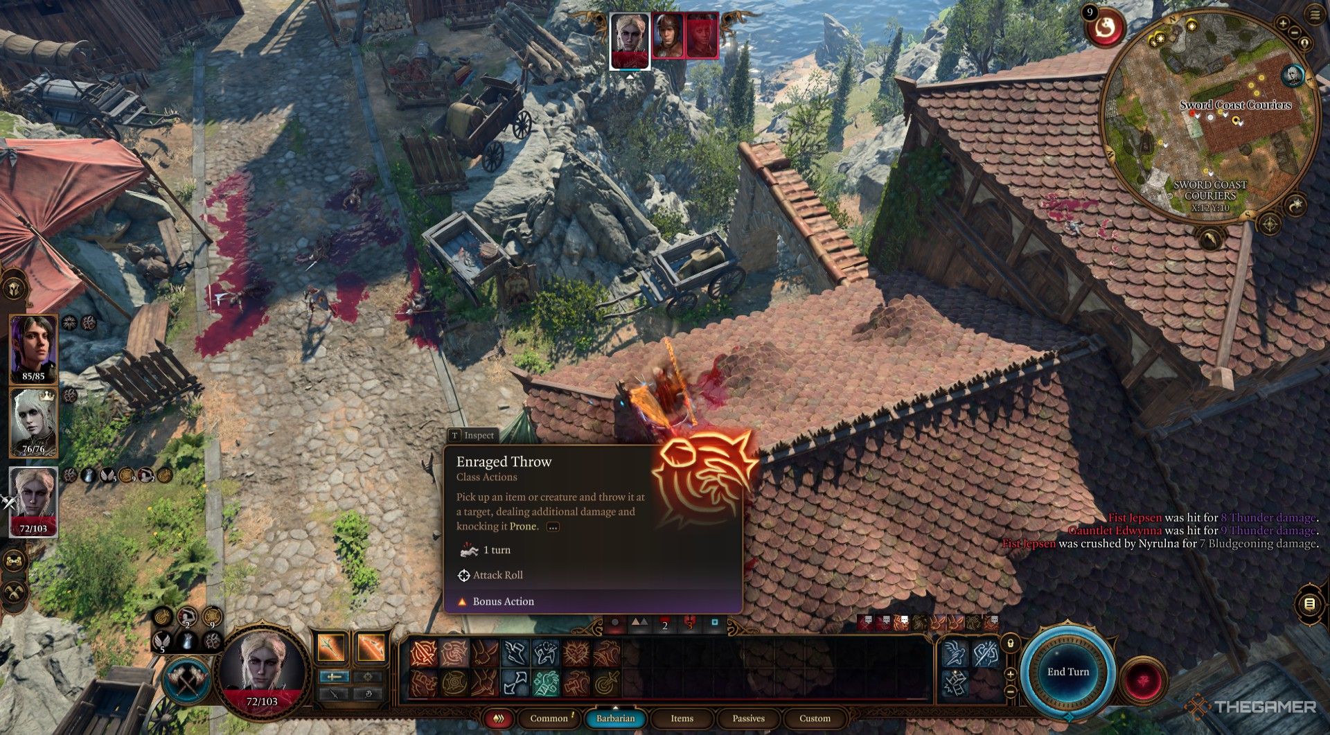 Minthara prepares to use Enraged Throw to toss Nyrulna at Flaming Fist Southspan Guards in Baldur&rsquo;s Gate 3.