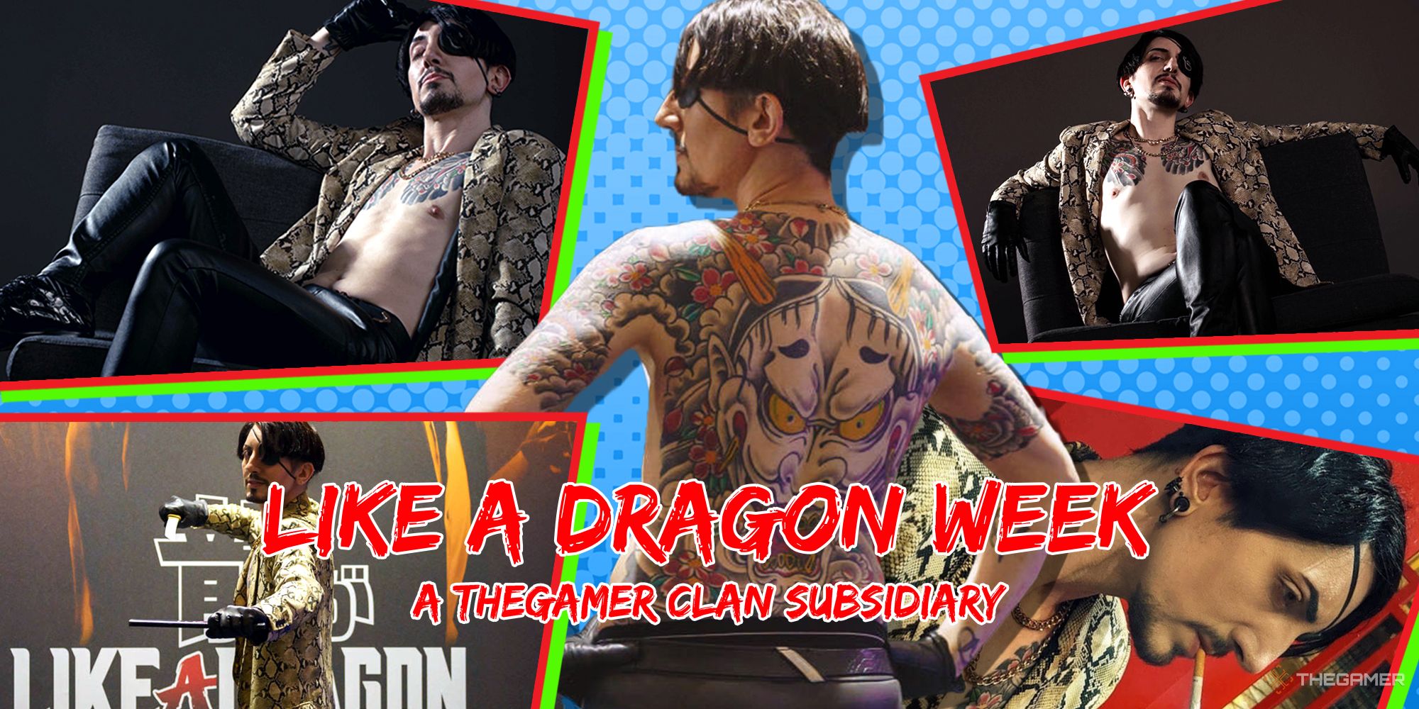A collage of Damien Ferne, Majima cosplayer, with the Like a Dragon week text overlaid on top.