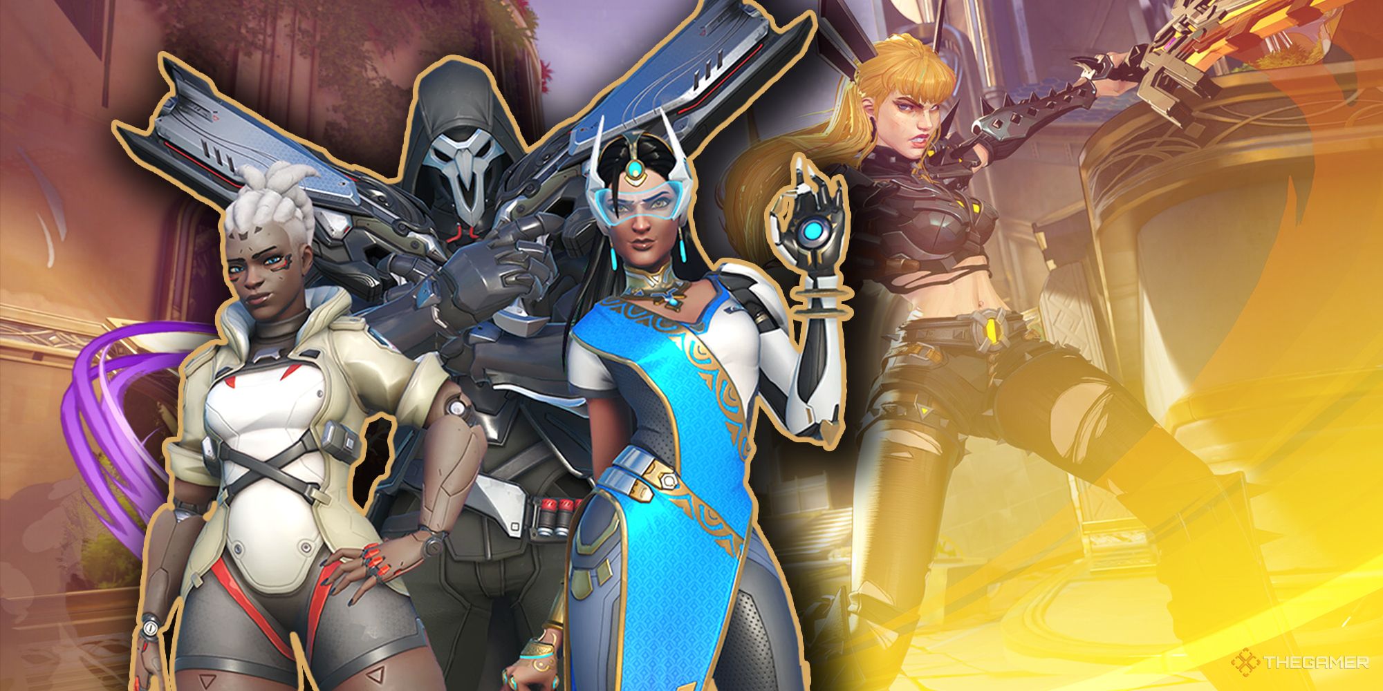 A trio of Overwatch 2 characters over a screenshot of Marvel Rivals gameplay