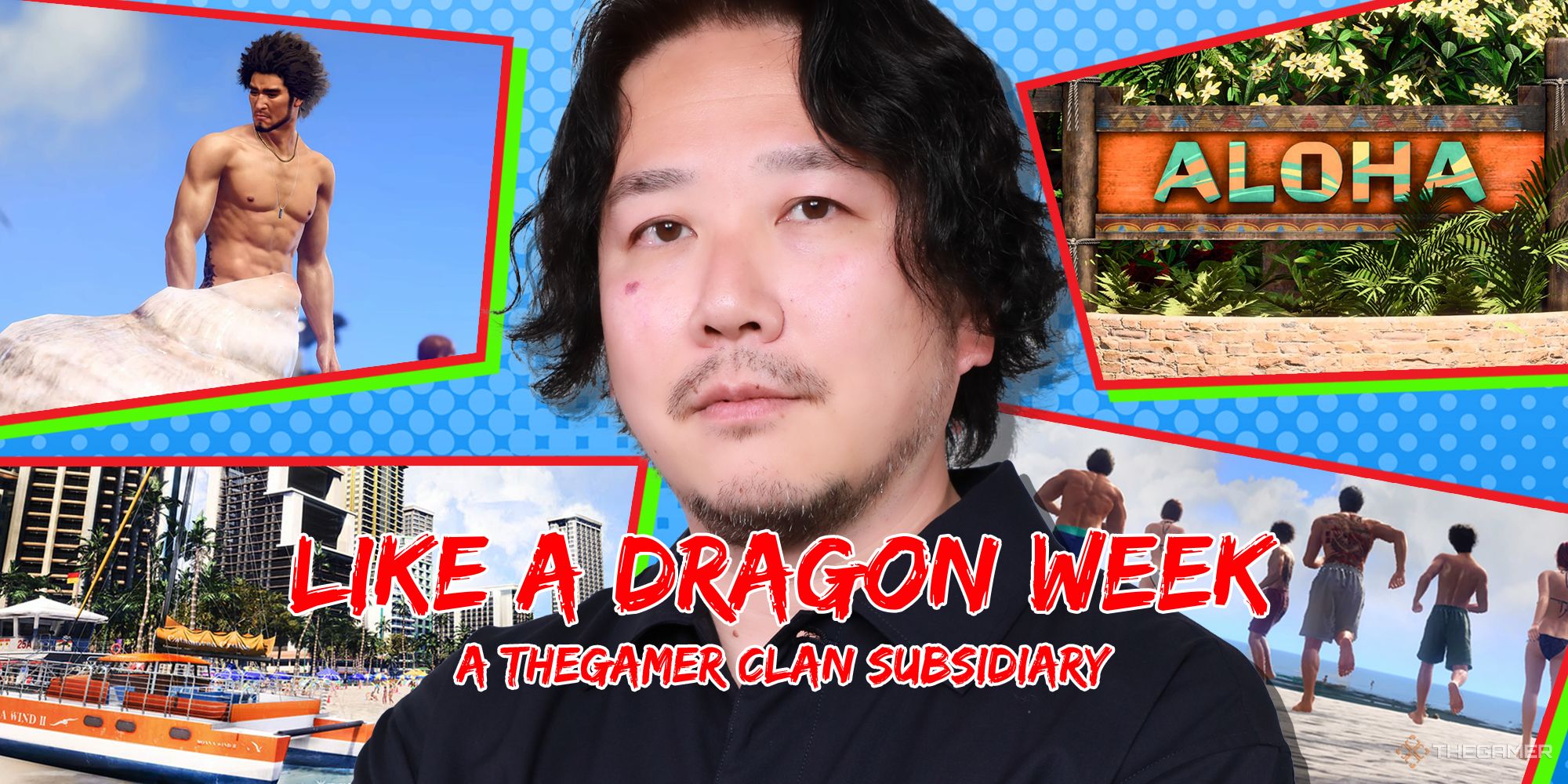RGG Studio Chief Producer Hiroyuki Sakamoto with a collage of Like a Dragon Infinite Wealth images and the Like a Dragon Week text overlaid on top.