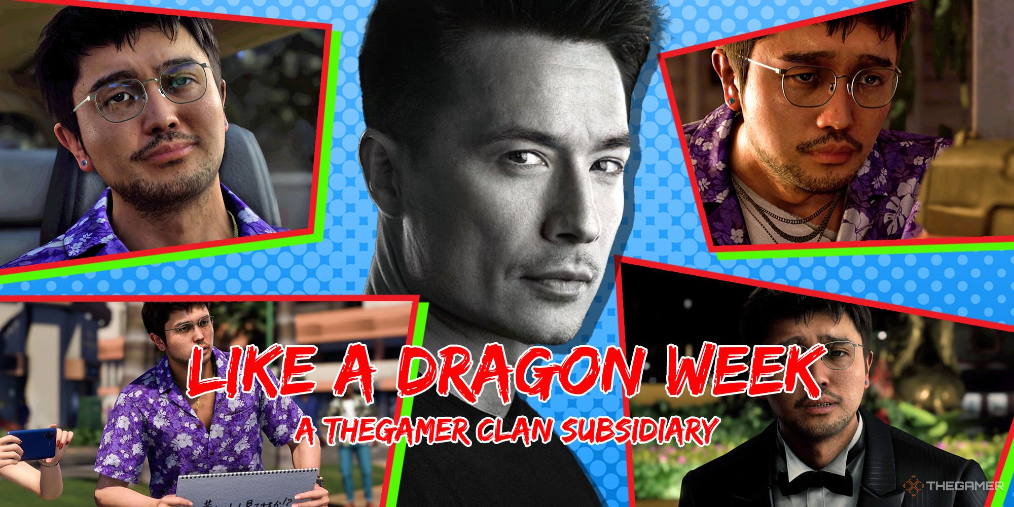 A photo of Matt Yang King with screenshots of Like a Dragon Infinite Wealth's Tomizawa around him in a collage and the Like a Dragon Week text overlaid on top.