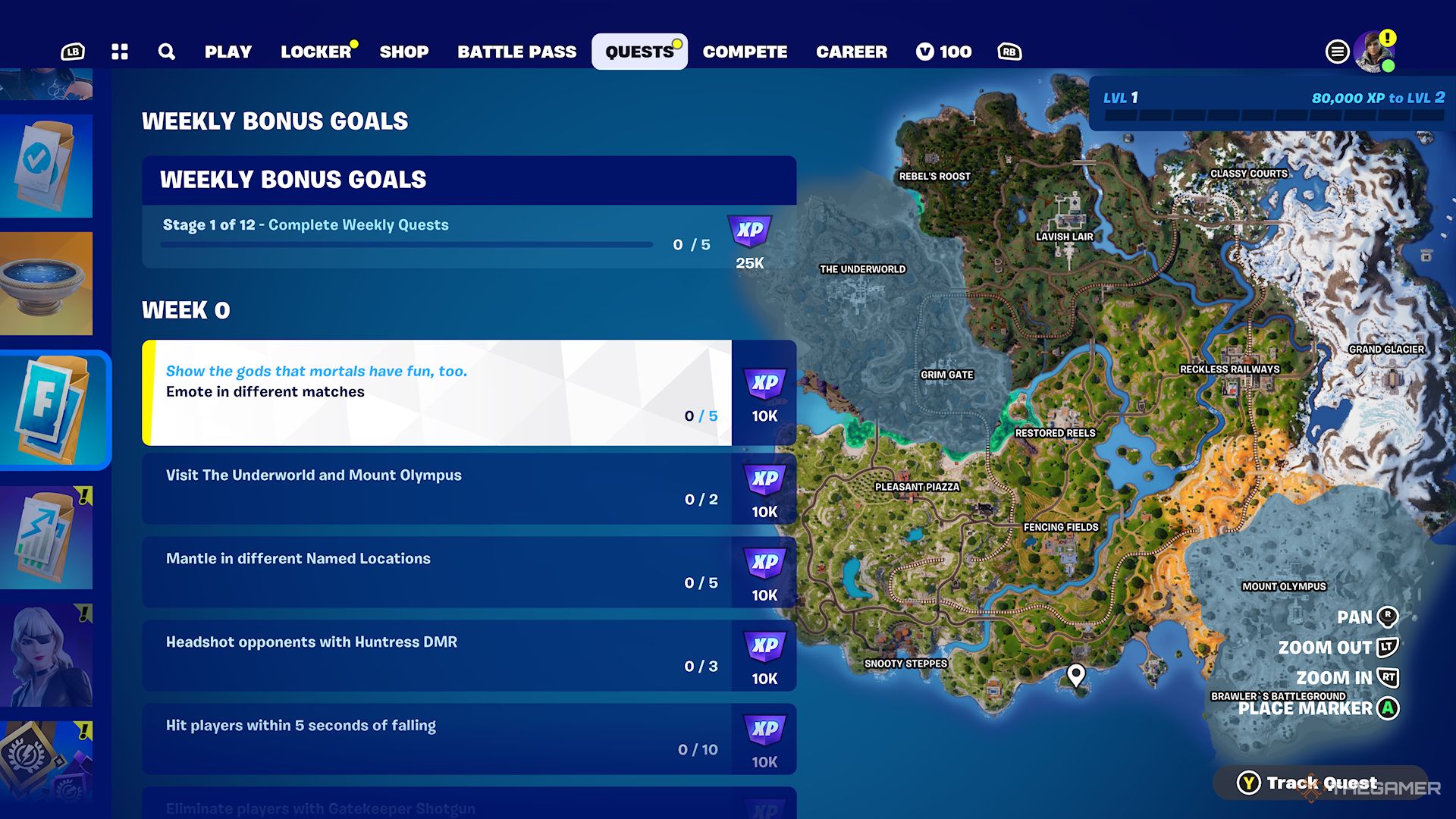 Screenshot of the Week 0 quests for Fortnite Chapter 5 Season 2.