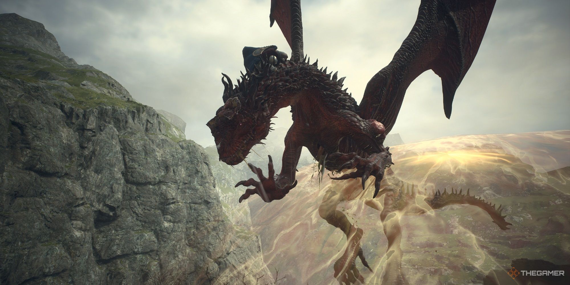 a beastren arisen clinging onto a dragon for dear life as it flies into the air in dragon's dogma 2