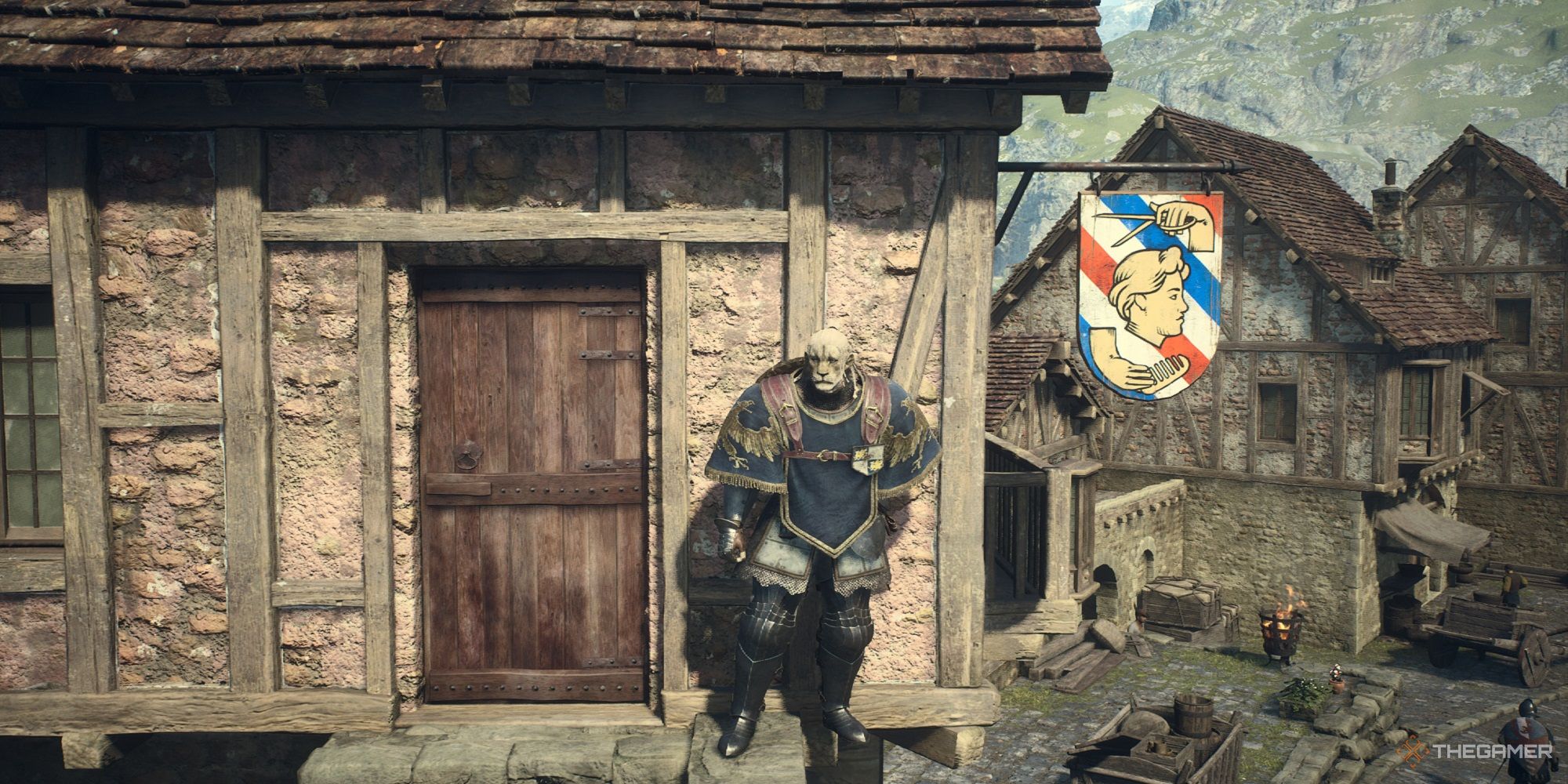 a beastren arisen standing outside a barber shop in dragon's dogma 2