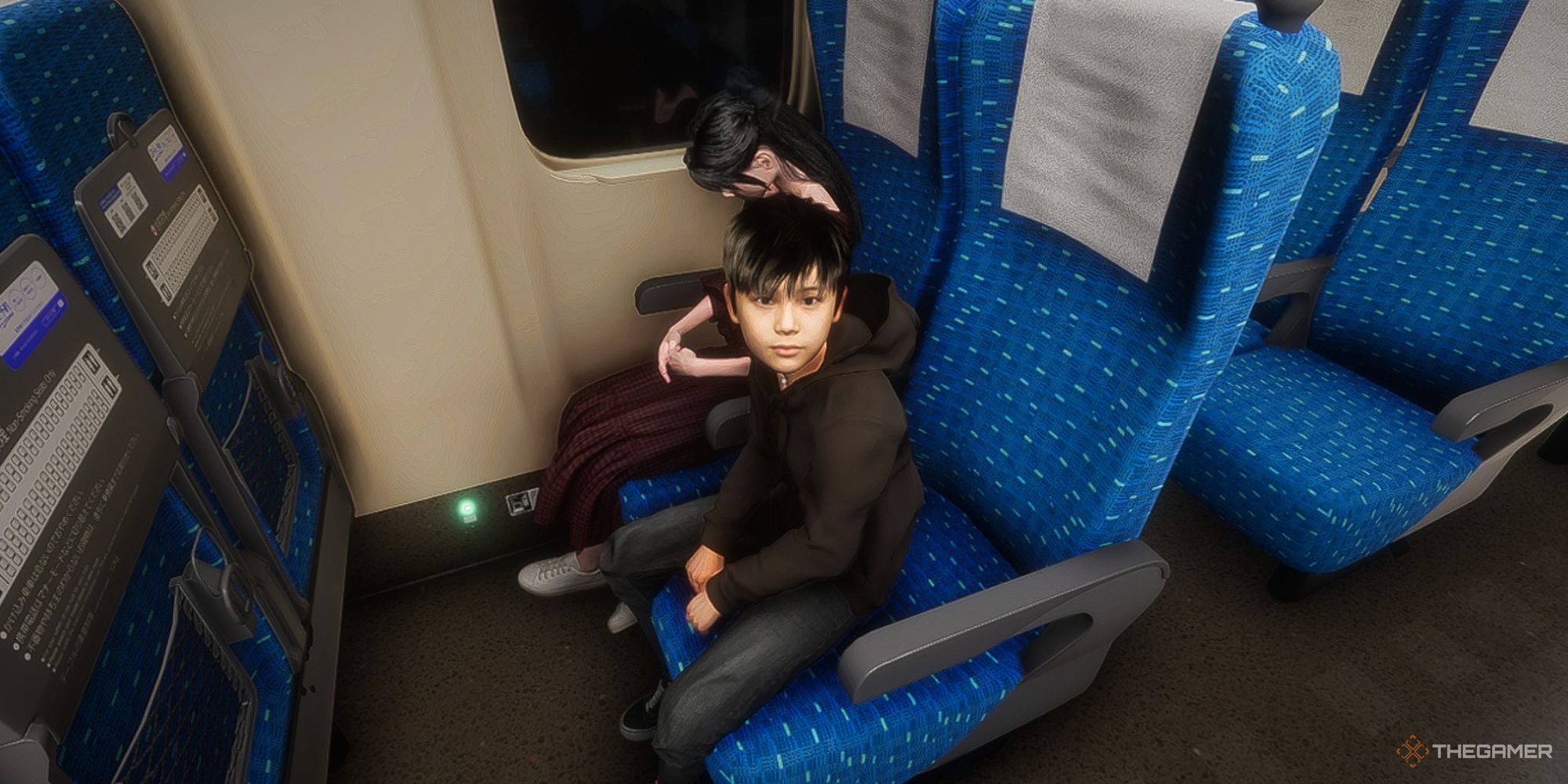 A boy talking to the player on a train