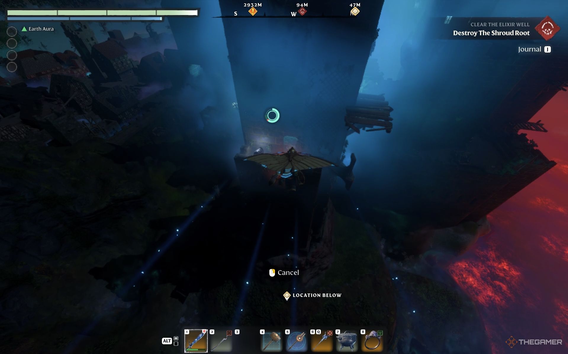 A player gliding to get the Guard of the North helm armor piece in Enshrouded