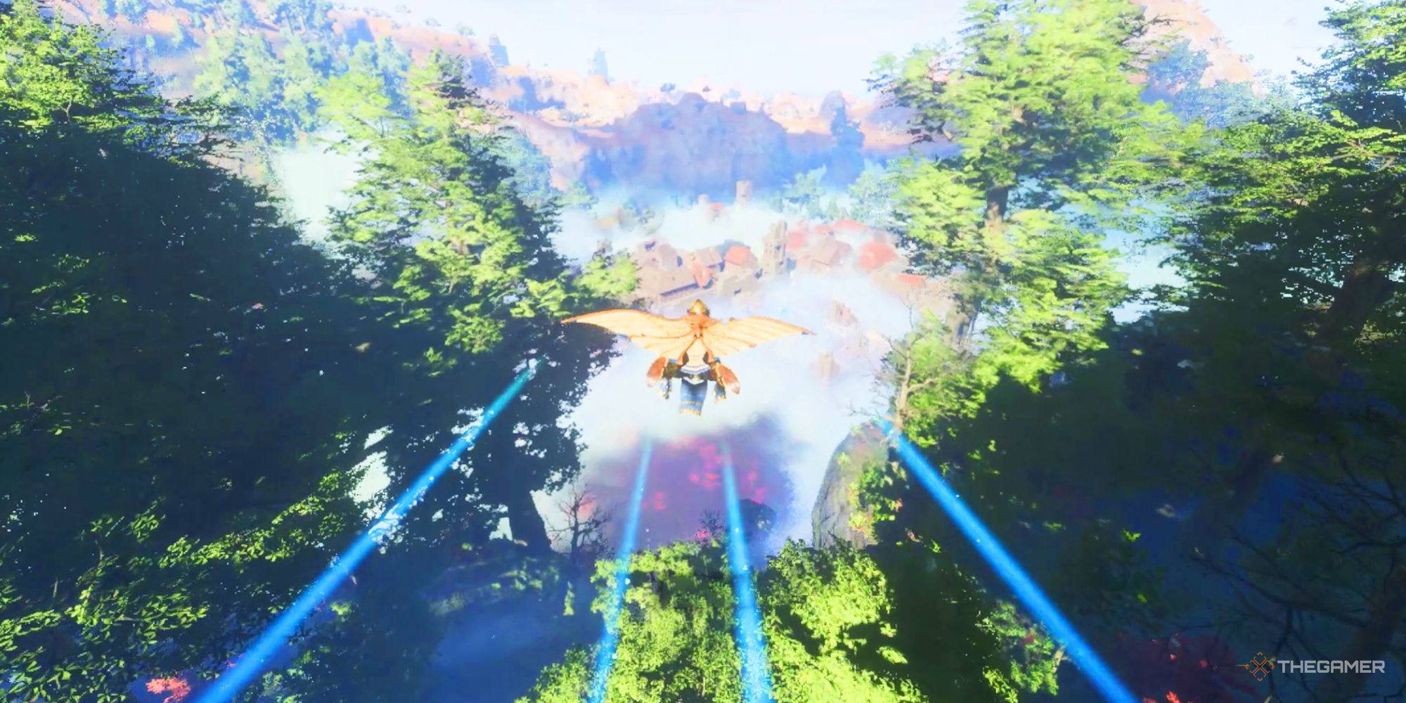 A player gliding towards Shanty Shacks in Enshrouded