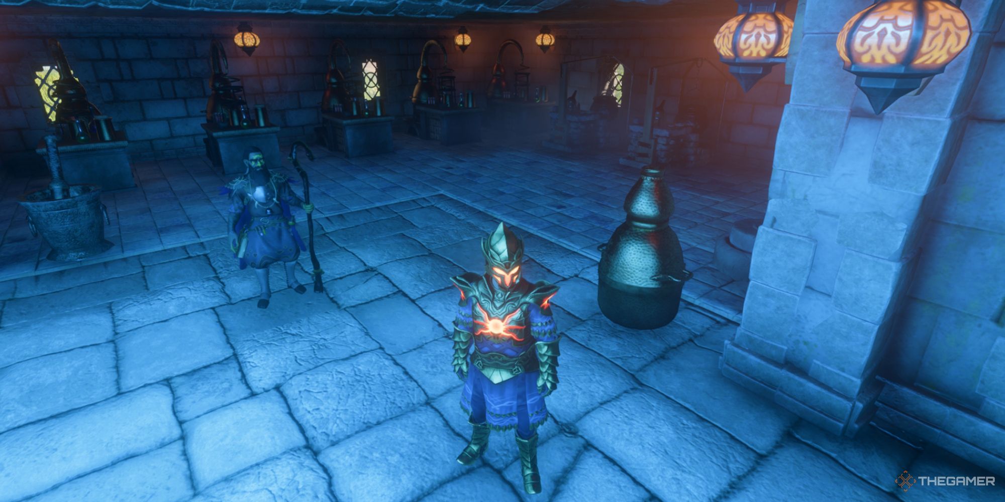 A player standing near Athanor in base in Enshrouded