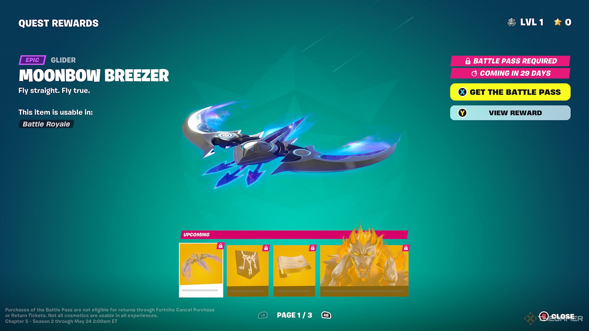 Screenshot of one of the Quest Rewards, the Moonbow Breezer, in Fortnite Chapter 5 Season 2.