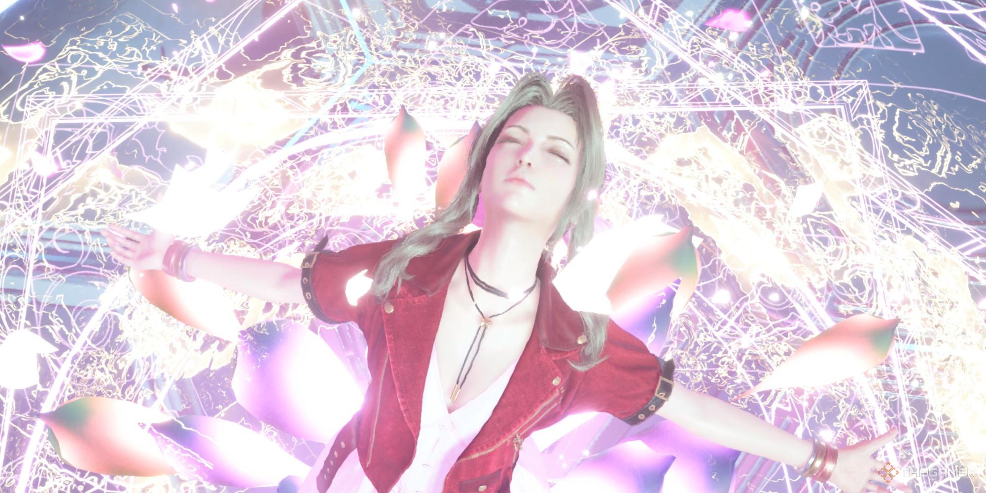 Aerith levitating in the air, preparing to cast Planet's Protection, her level two Limit Break in Final Fantasy 7 Rebirth.