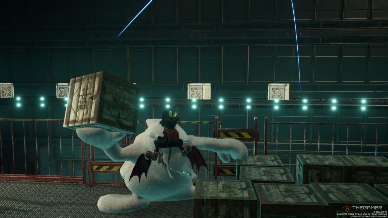 A player throwing a box at the Shinra crates in the Aim for the Crates minigame in Final Fantasy 7 Rebirth.