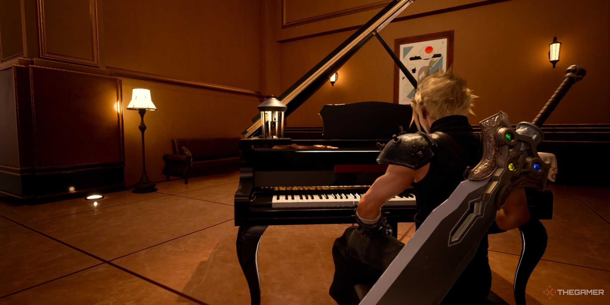Cloud sitting at the piano in Costa del Sol in Final Fantasy 7 Rebirth.