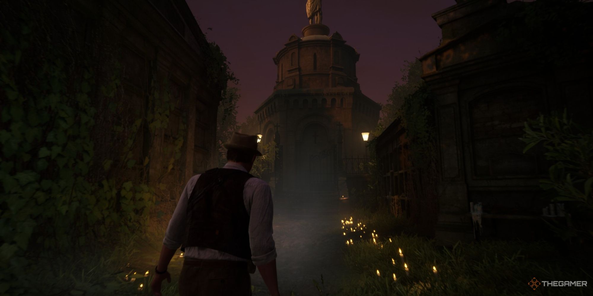 Edward approaching the chapel in the Lafayette Cemetery in Alone in the Dark.