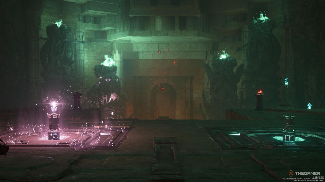 The pink and green altar in the Chamber of Observance in Final Fantasy 7 Rebirth.