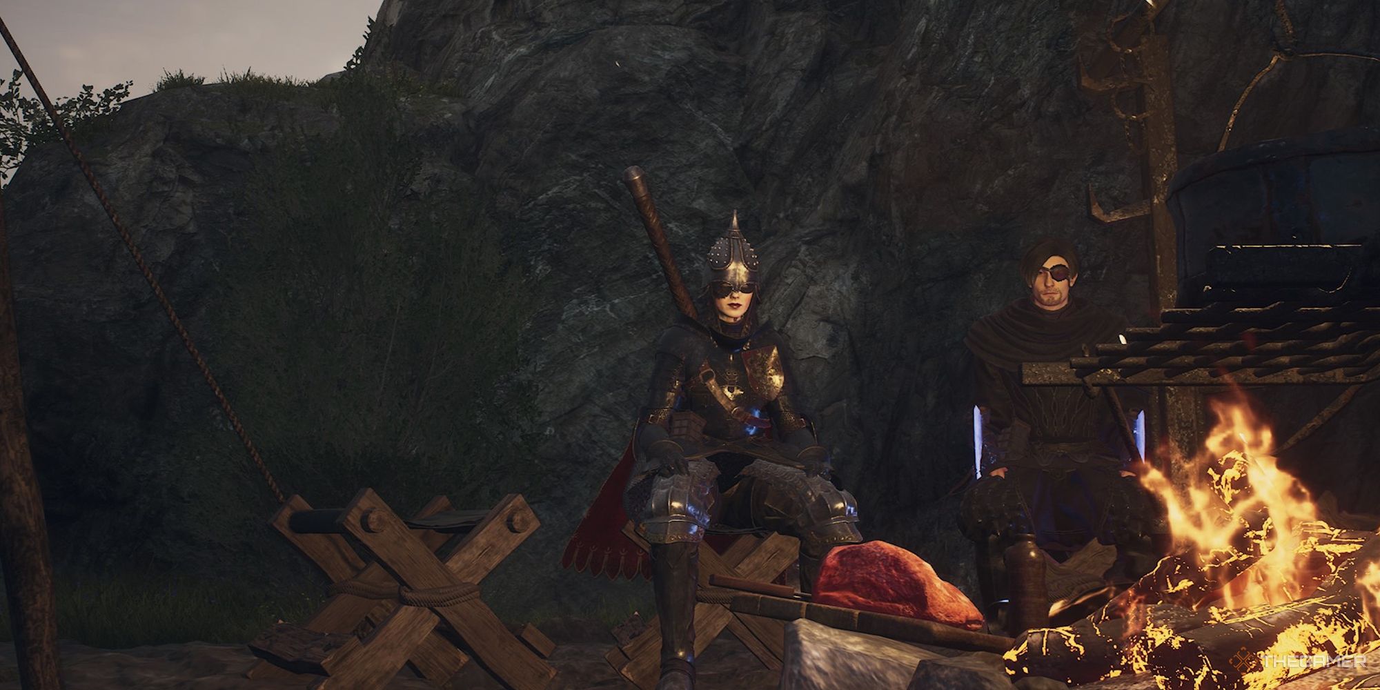 An Arisen and their pawn sat beside a campfire with meat in Dragon's Dogma 2.