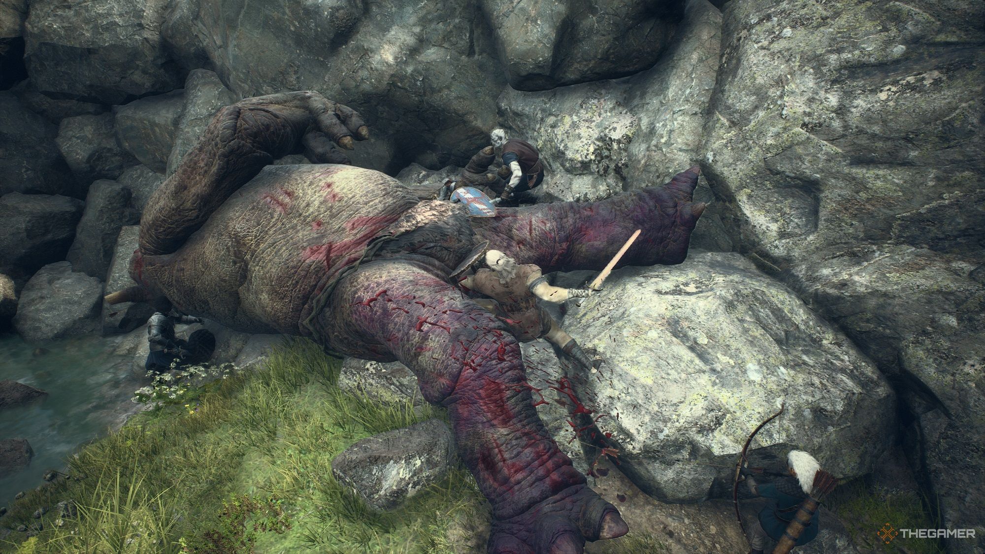 an arisen stabbing a cyclops in the nether regions in dragons dogma 2