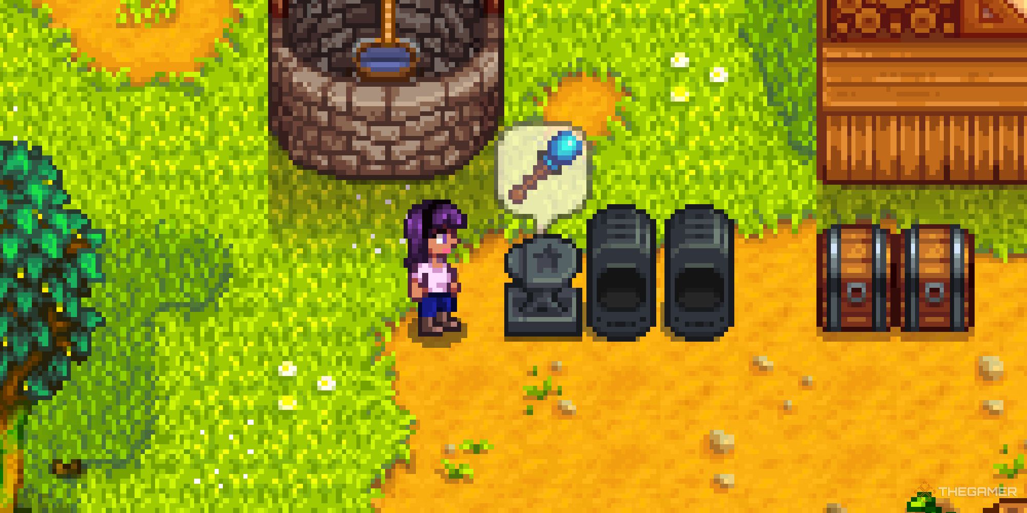 Standing next to Anvil after it has re-rolled a trinket's stats in Stardew Valley.