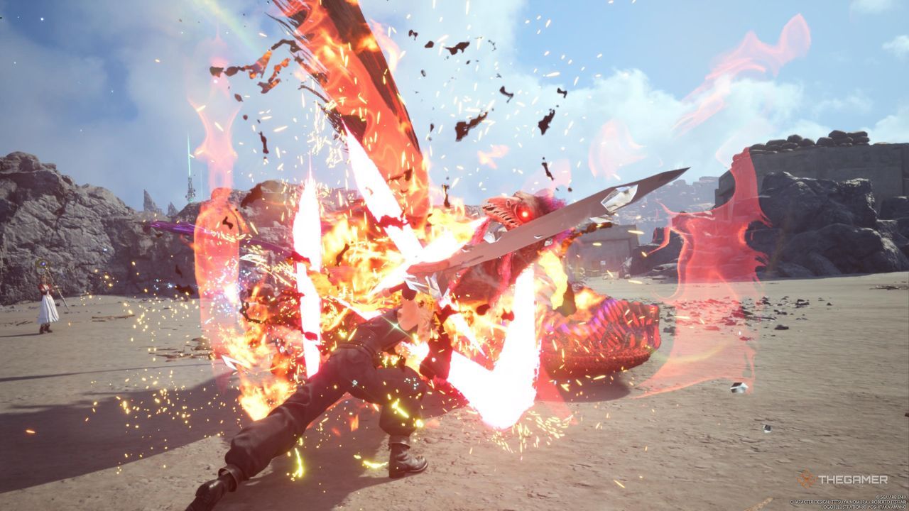 Cloud using Cross Slash on a staggered King Zu in Final Fantasy 7 Rebirth.