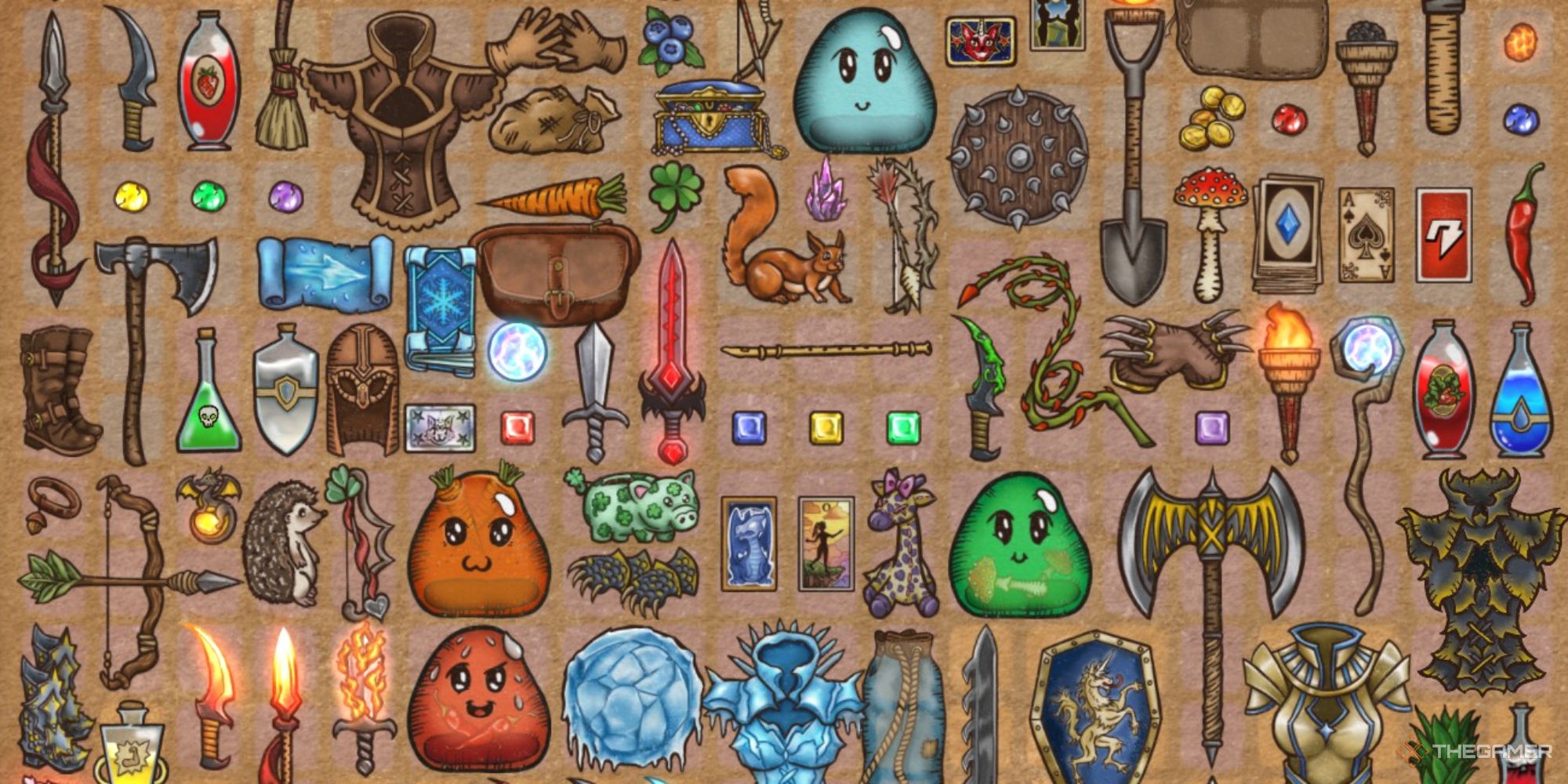 an assortment of items available in backpack battles