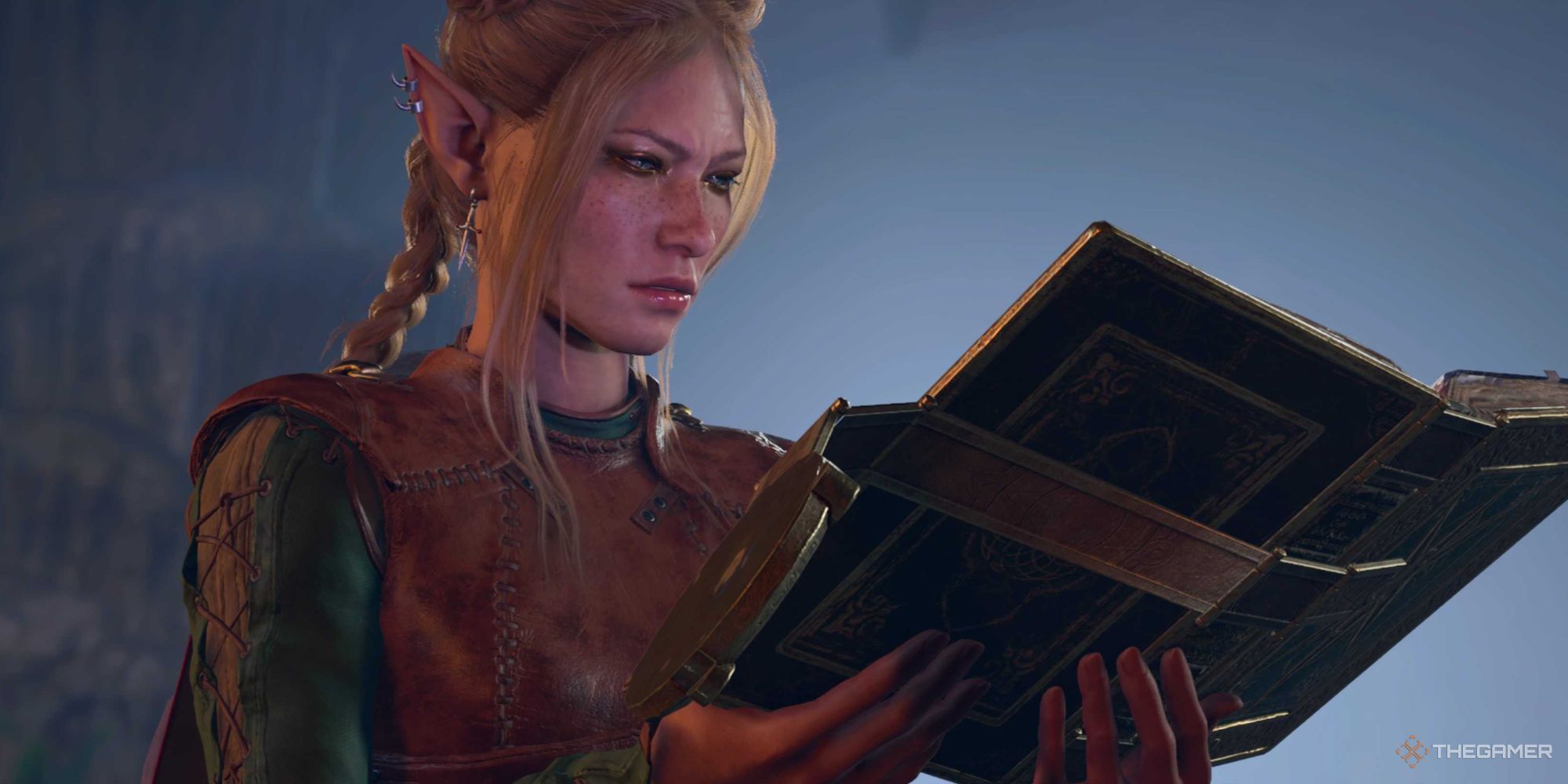 A blonde wood elf in Baldur's Gate 3, reading a book