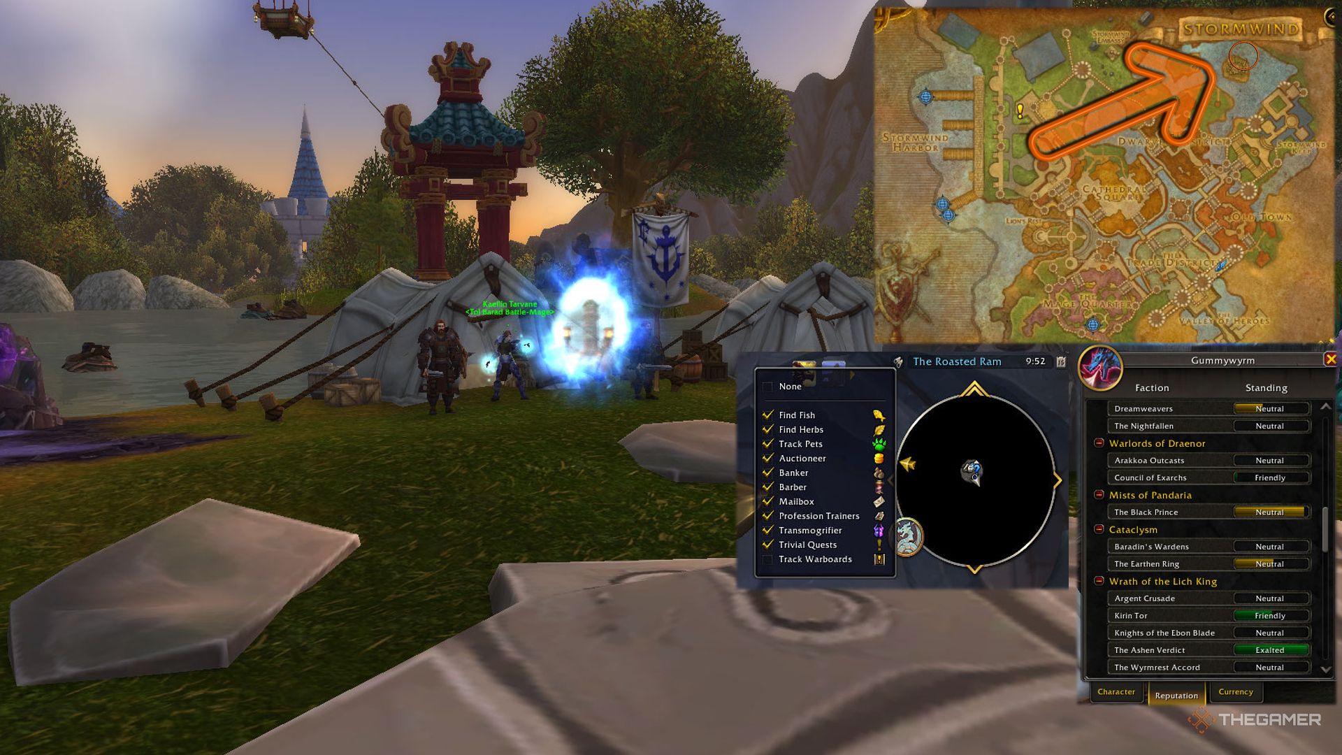 The Tol Barad portal with its location on the map circled, along with trivial quests and rep tracking.