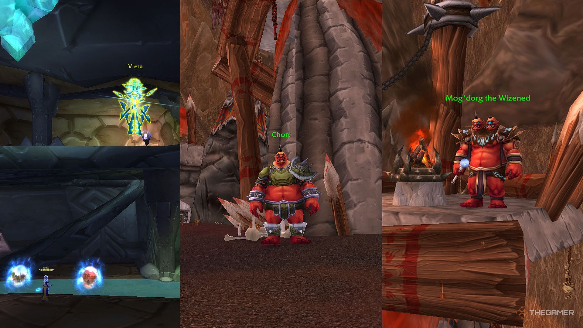 V&rsquo;eru, Chort, and Mog&rsquo;dorg the Wizened spliced next to each other.