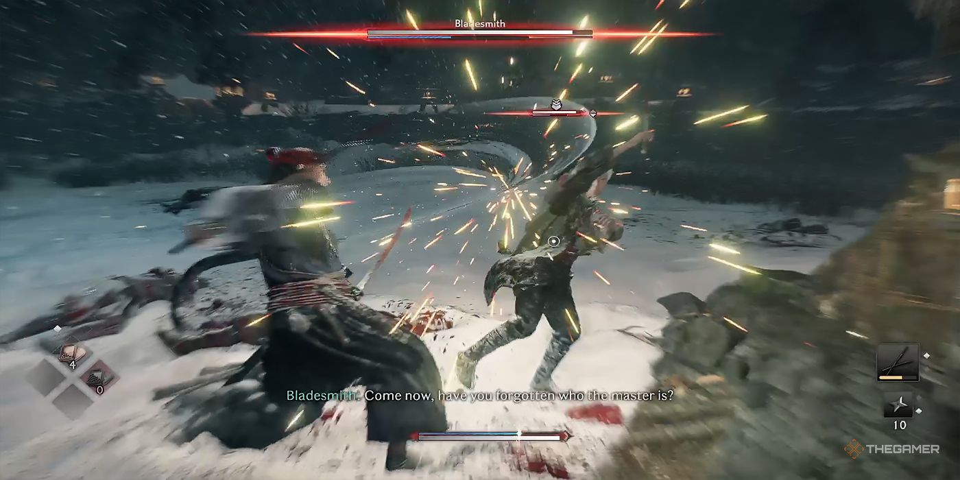 The protagonist countersparks their Bladesmith&rsquo;s strike during an intense battle at the snowy Kurosu clan base in Rise Of The Ronin.