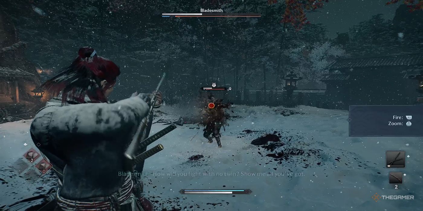 The protagonist lands a headshot on the Bladesmith with his rifle during an intense stand-off at the snow Kurosu clan base in Rise Of The Ronin.