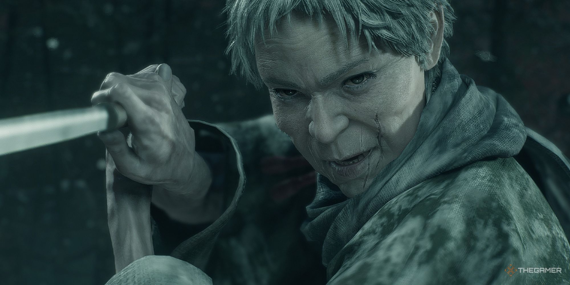 The Bladesmith stares down the protagonist and readies her weapon before an intense battle in Rise Of The Ronin.