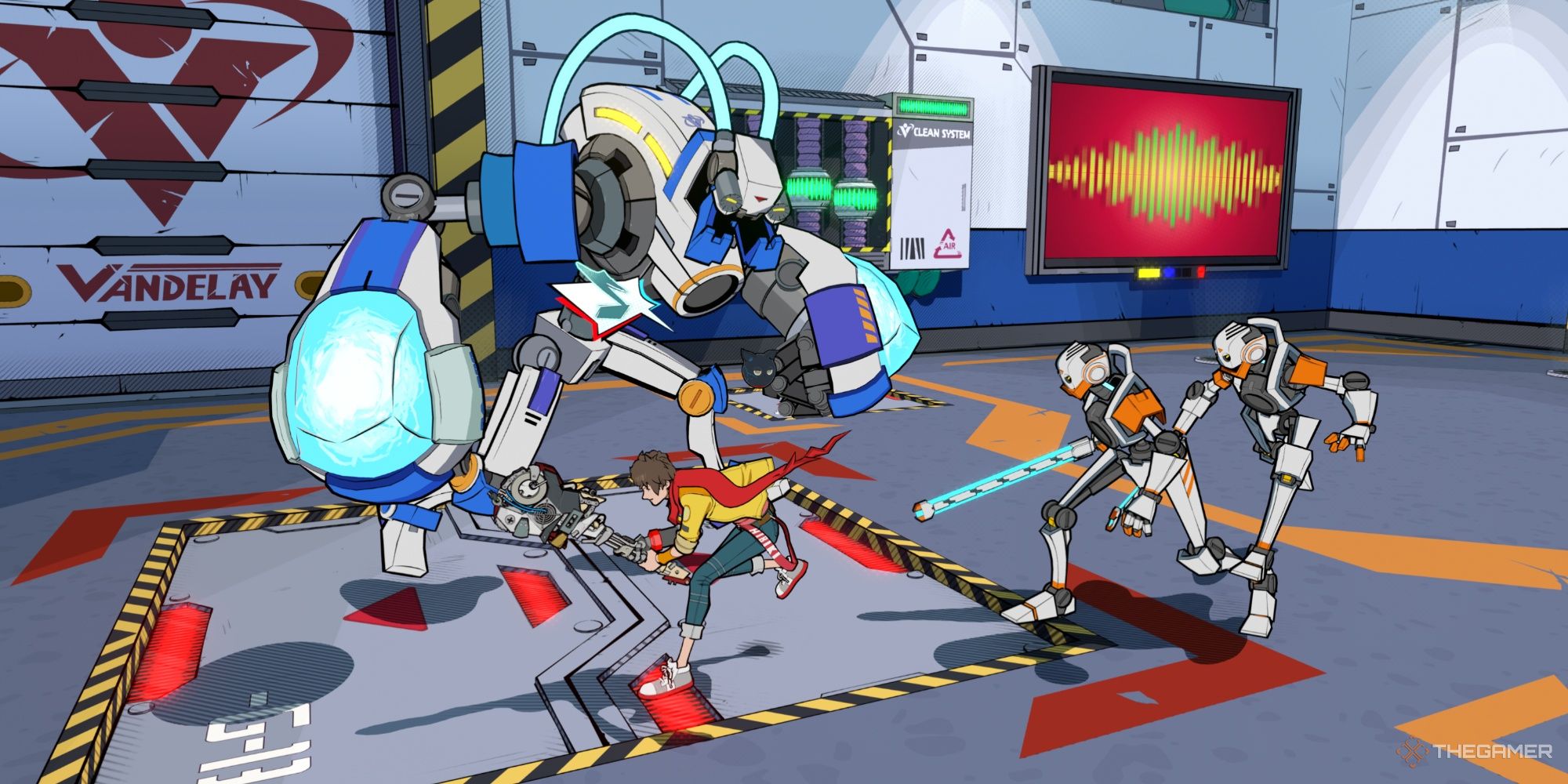 Chai fighting some robot enemies in Hi-Fi Rush