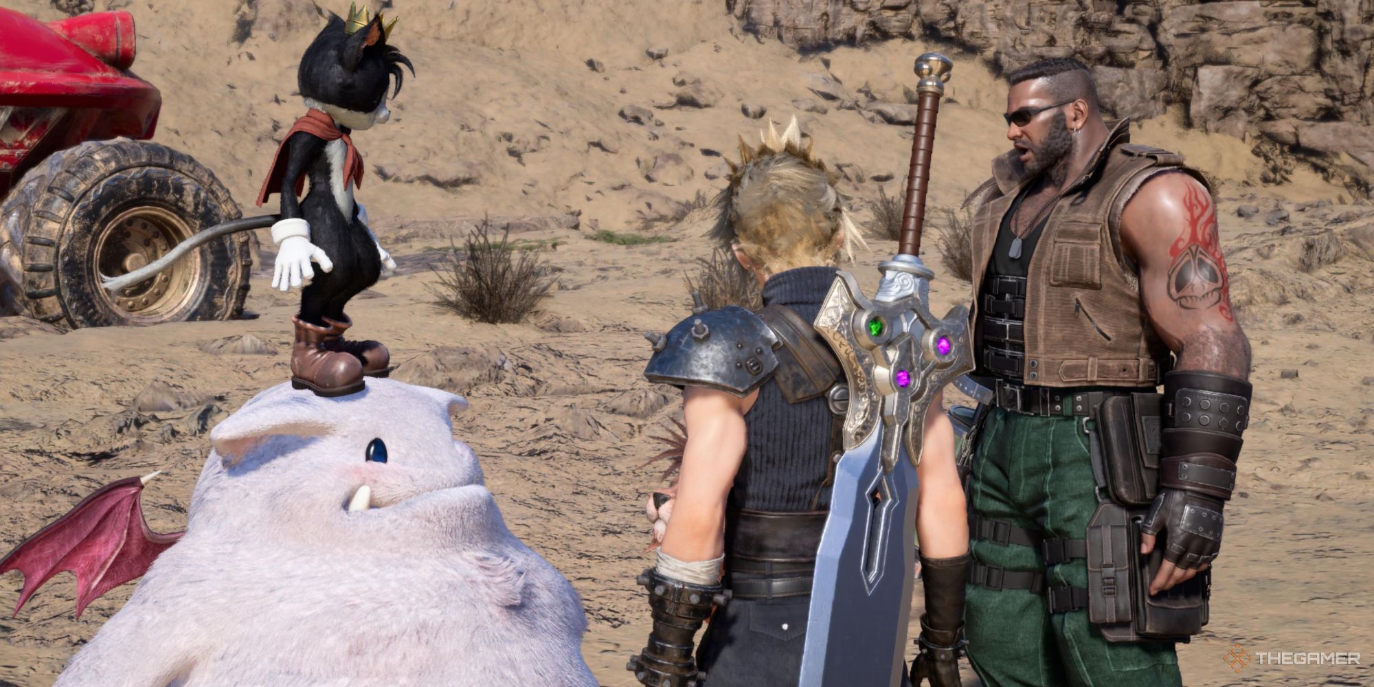 Cloud, Barret, and Cait Sith talking about where to head next at the beginning of Chapter 9 in Final Fantasy 7 Rebirth.
