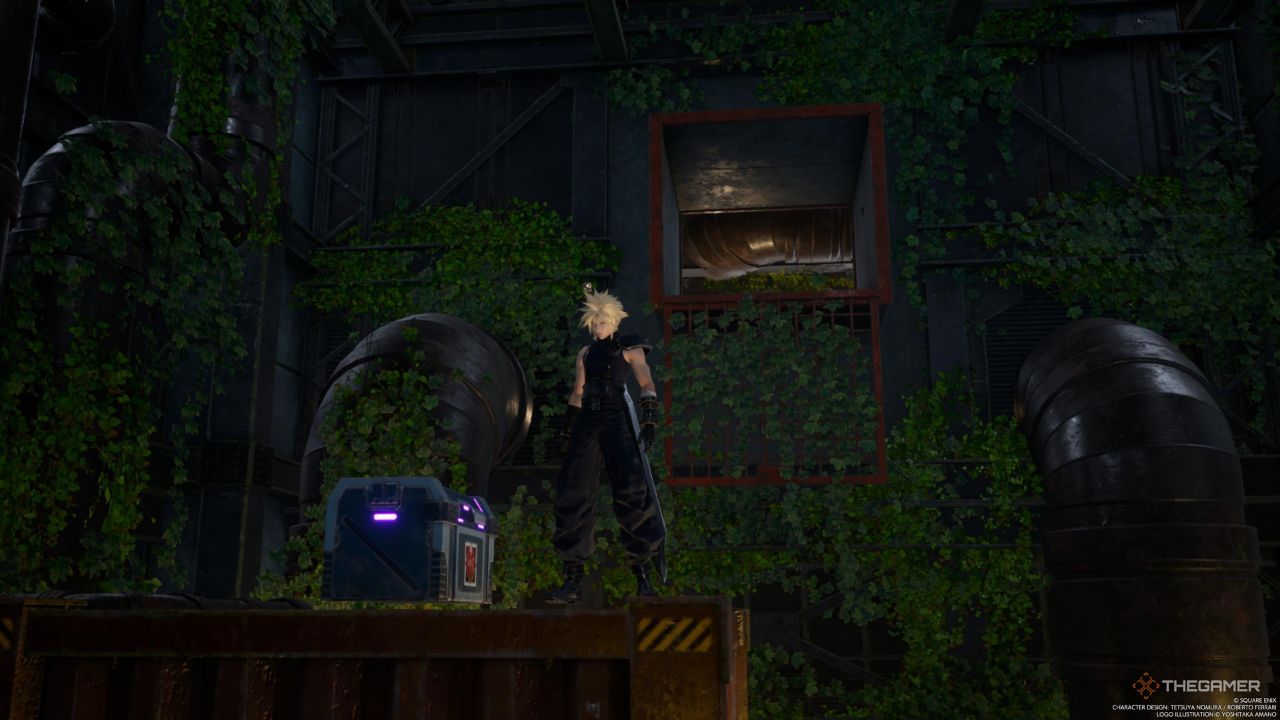 A player standing near a purple chest in a hidden area of the Gongaga reactor in Final Fantasy 7 Rebirth.
