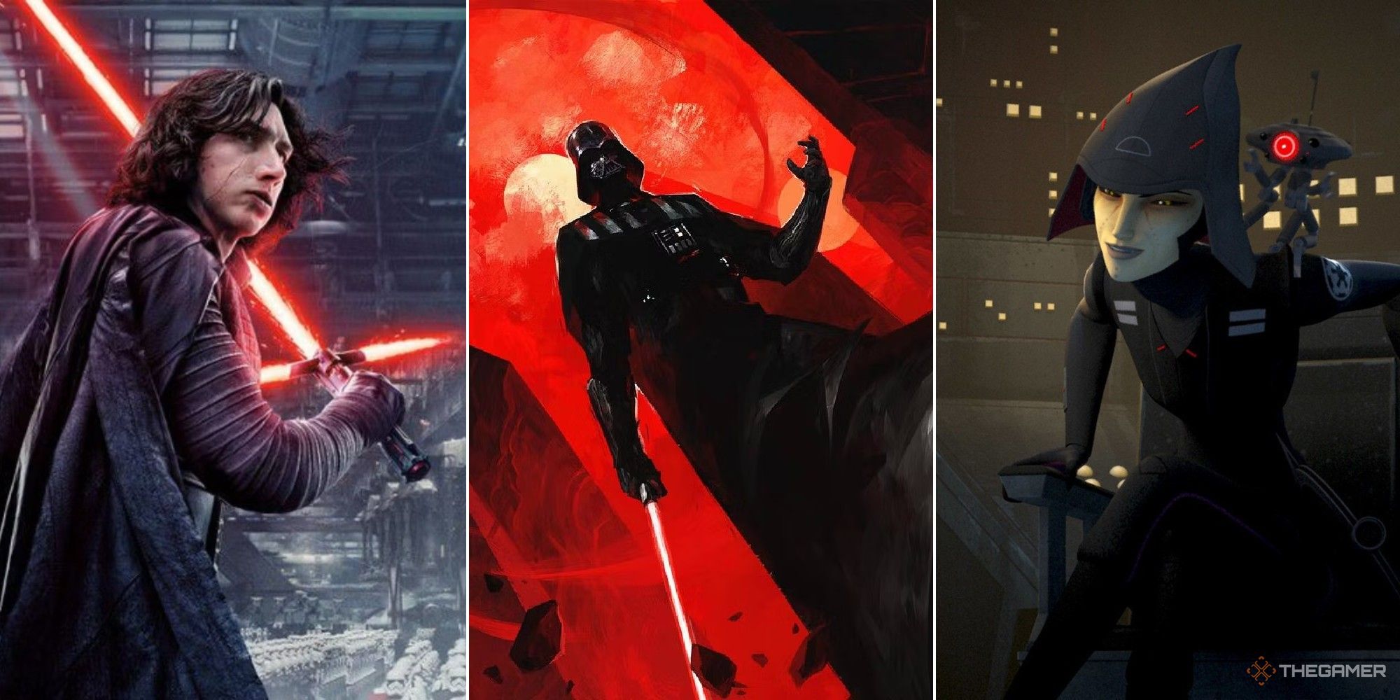Collage showing Kylo Ren, Darth Vader and Seventh Sister from Star Wars