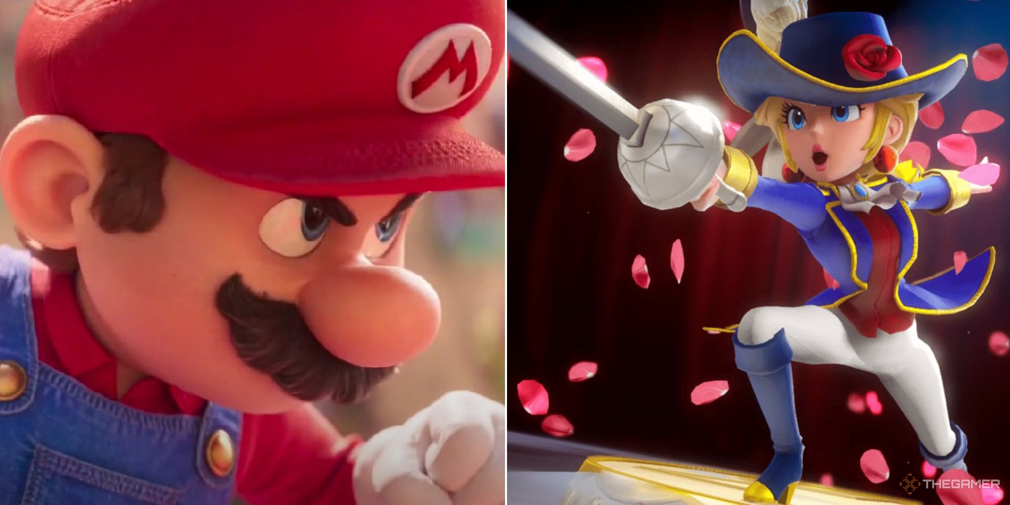 Collague showing Mario from the 2023 Mario movie and princess peach in swordfighter form from the showtime video game