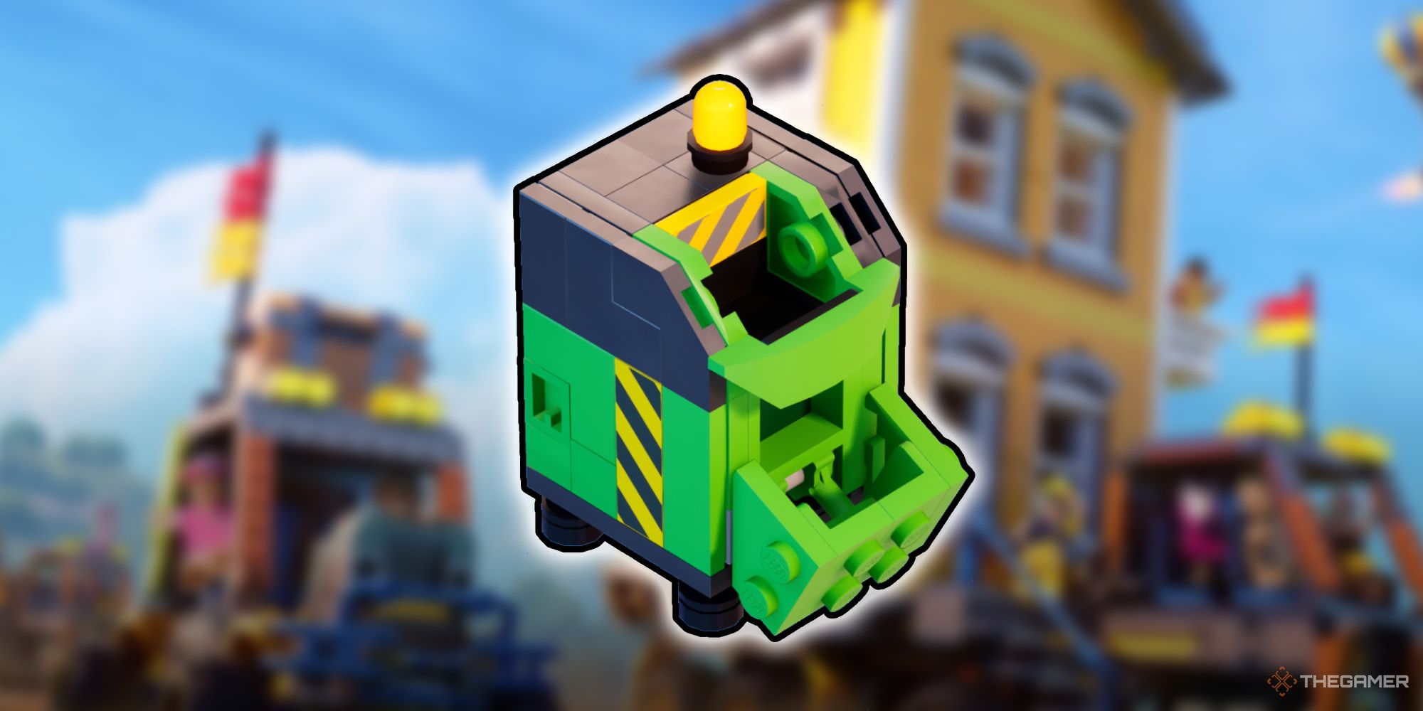 Cutout of Compost Bin from Lego Fortnite overtop of a blurry background.