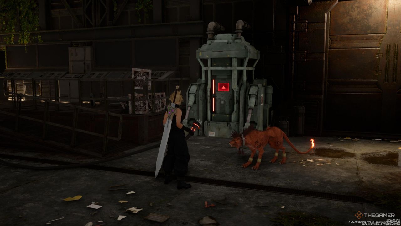 A player holding onto a glowing plug near a computer in Final Fantasy 7 Rebirth.
