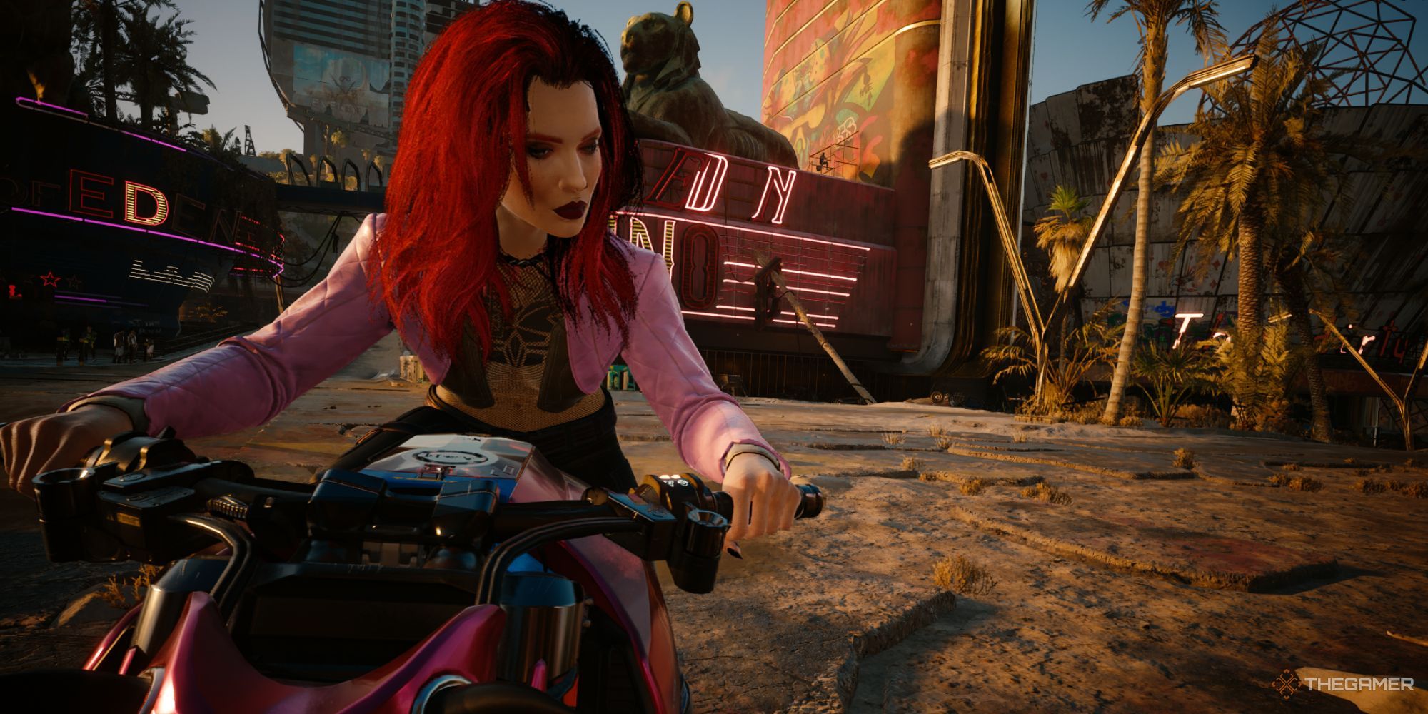 Cyberpunk 2077 screenshot showing V driving on a motorbike in Dogtown