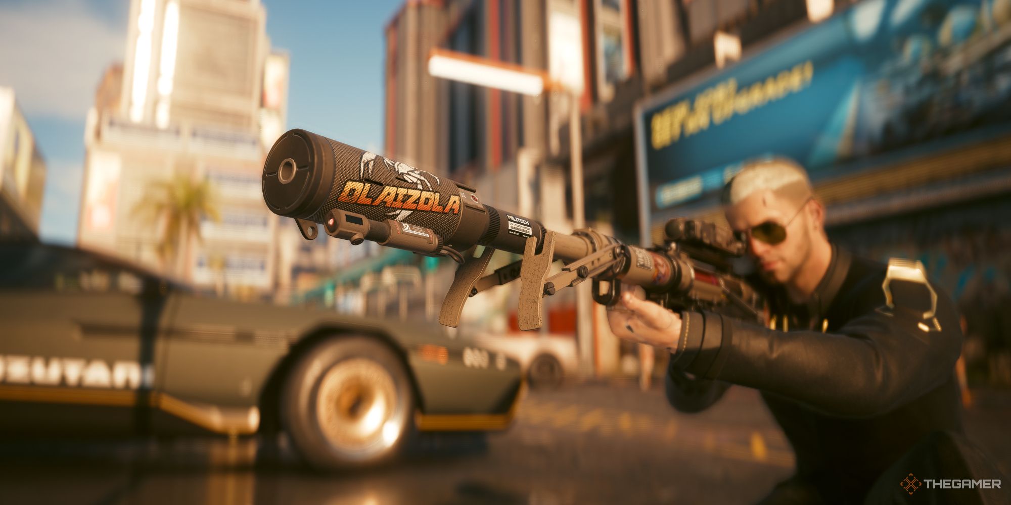 V aiming a sniper rifle with a silencer in Cyberpunk 2077