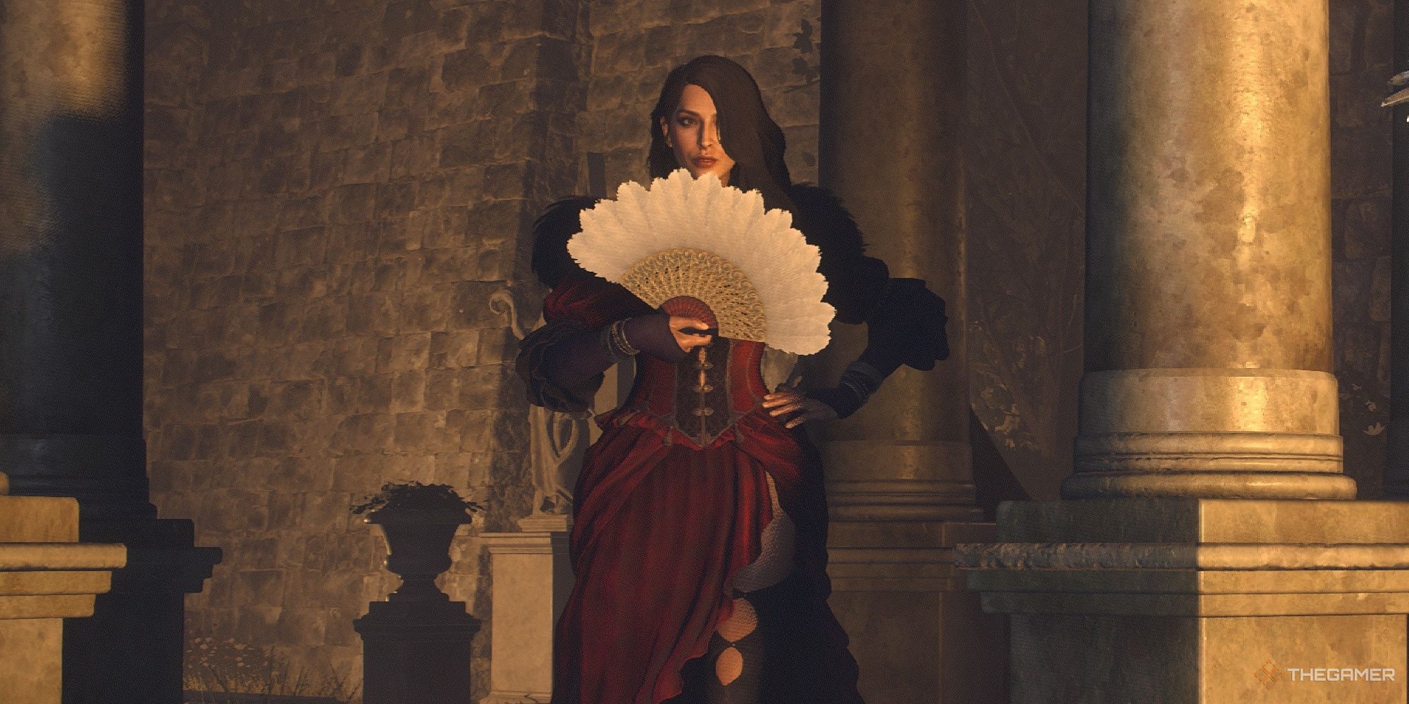 Wilhelmina waves her fan in front of her while talking in Dragon's Dogma 2.